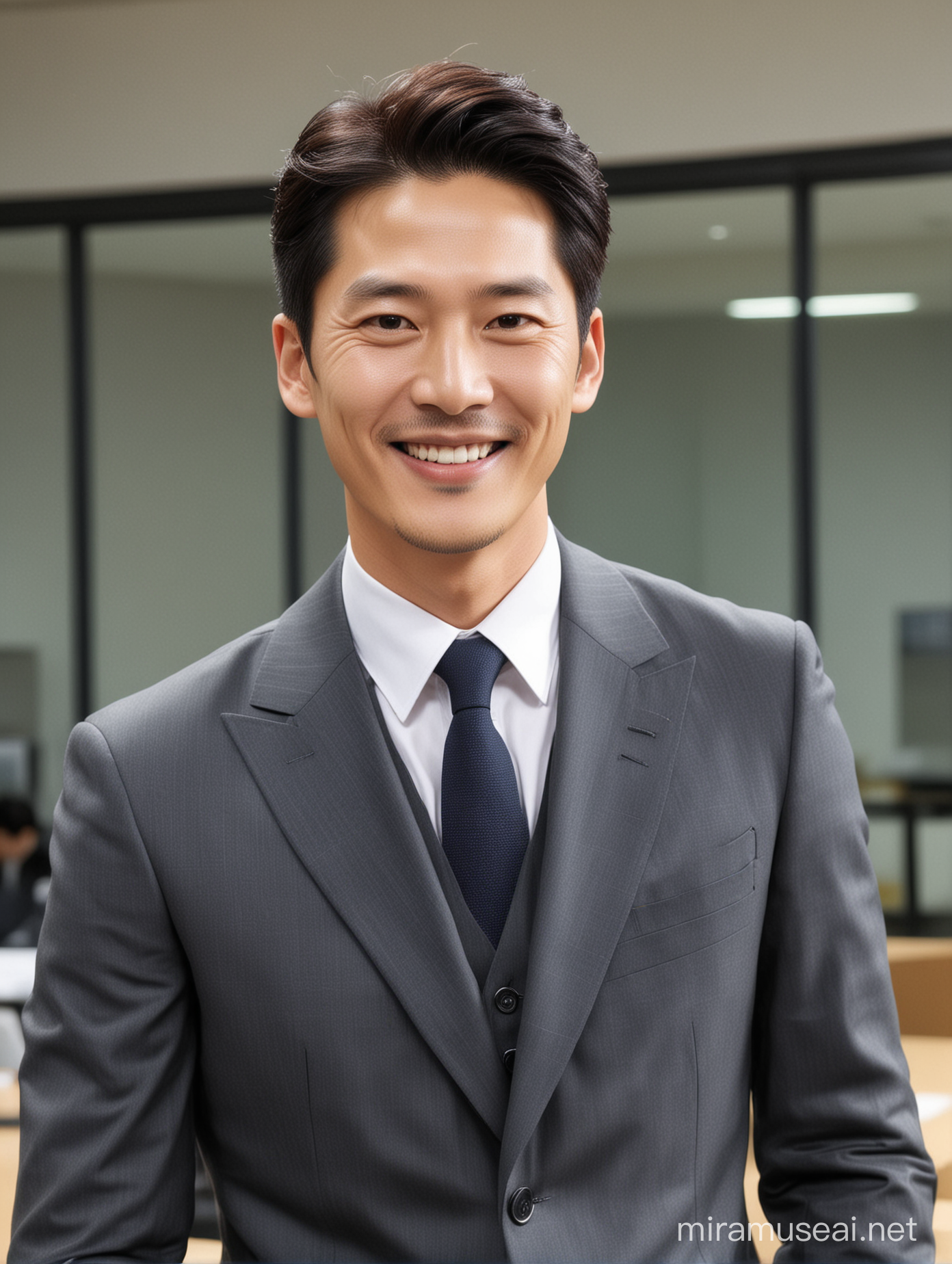 정장을 입은 한국 남자, 단정하고 짧은 머리, 배우 이정재를 닮음, 밝은 미소, 오피스, 보험 회사 오피스 배경