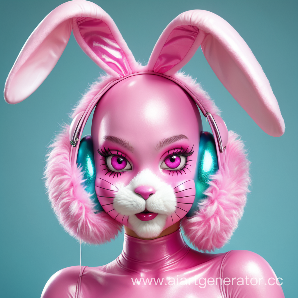 Латексная девушка фурри пасхальный кролик с розовой латексной кожей с розовым латексным лицом. С сережками в виде пасхальных яиц. С пасхальным яйцом на голове. Изображение сделать в милой стилистике