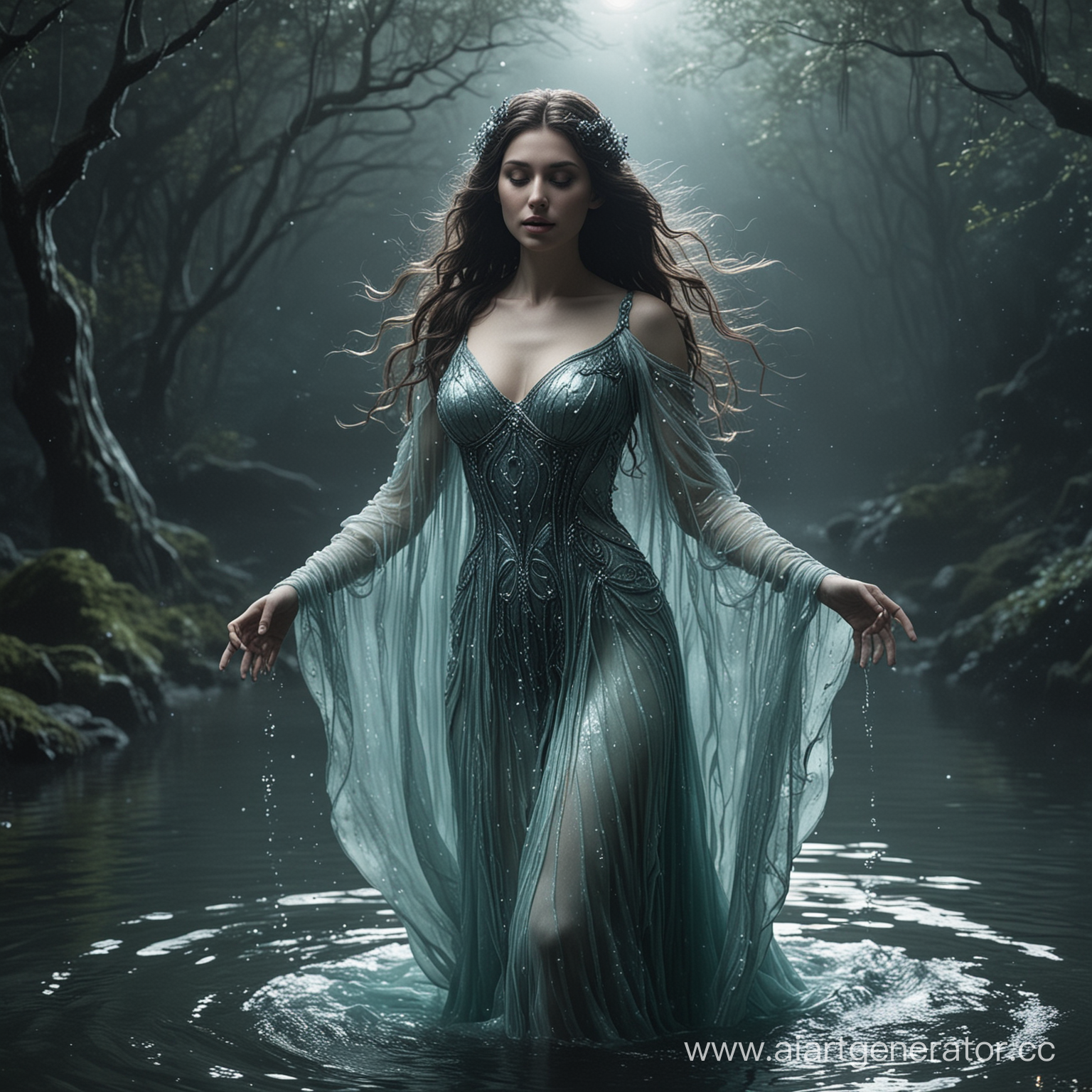 Spectral Siren: Haunting beauty, with a costume that shimmers like moonlit water, emitting a haunting melody that entrances all who hear it.make it cinematic 