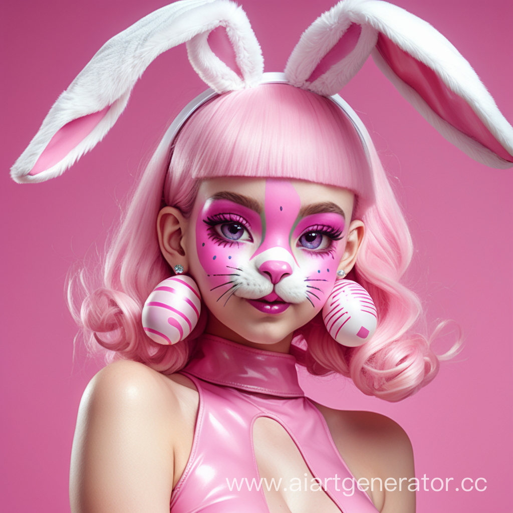 
Латексная девушка фурри пасхальный кролик с розовой латексной кожей с розовым латексным лицом. С сережками в виде пасхальных яиц. прической из пасхальных яиц. Изображение сделать в милой стилистике