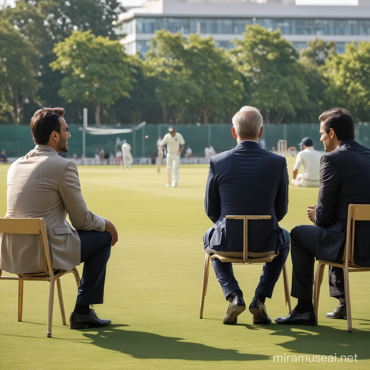 Rear view image of business leaders sitting and chatting with each other talking Cricket