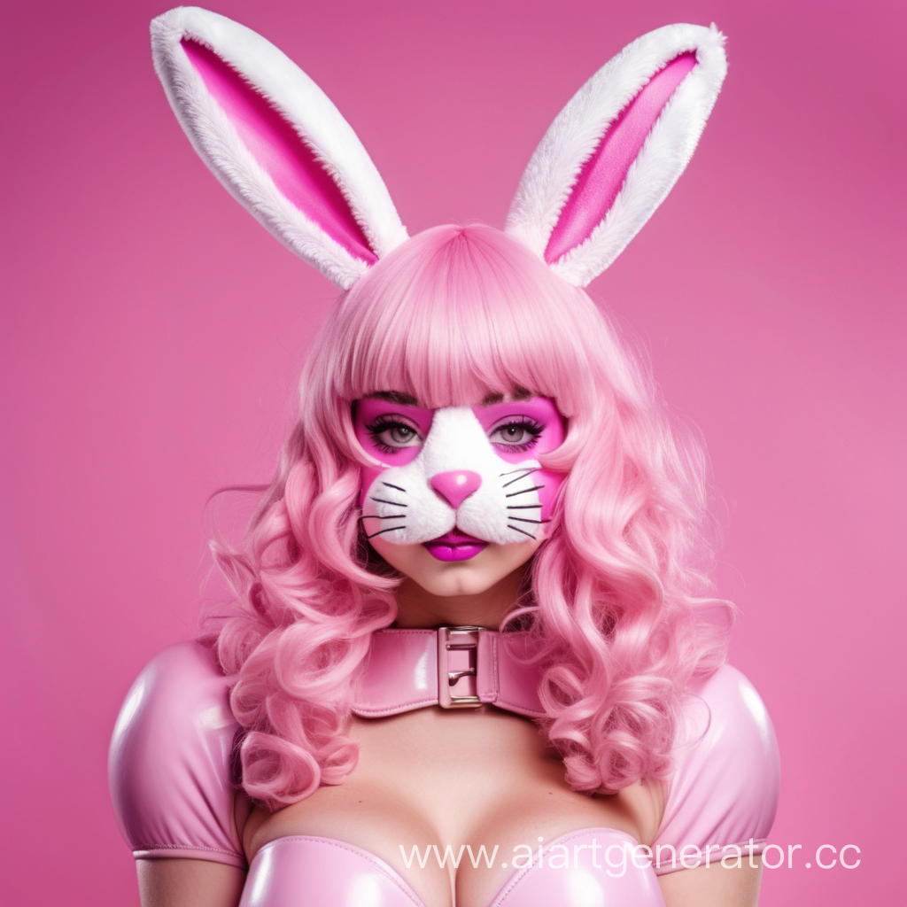 Латексная девушка фурри пасхальный кролик с розовой латексной кожей с розовой латексной мордой кролика вместо лица. С прической из пасхальных яиц. Изображение сделать в милой стилистике