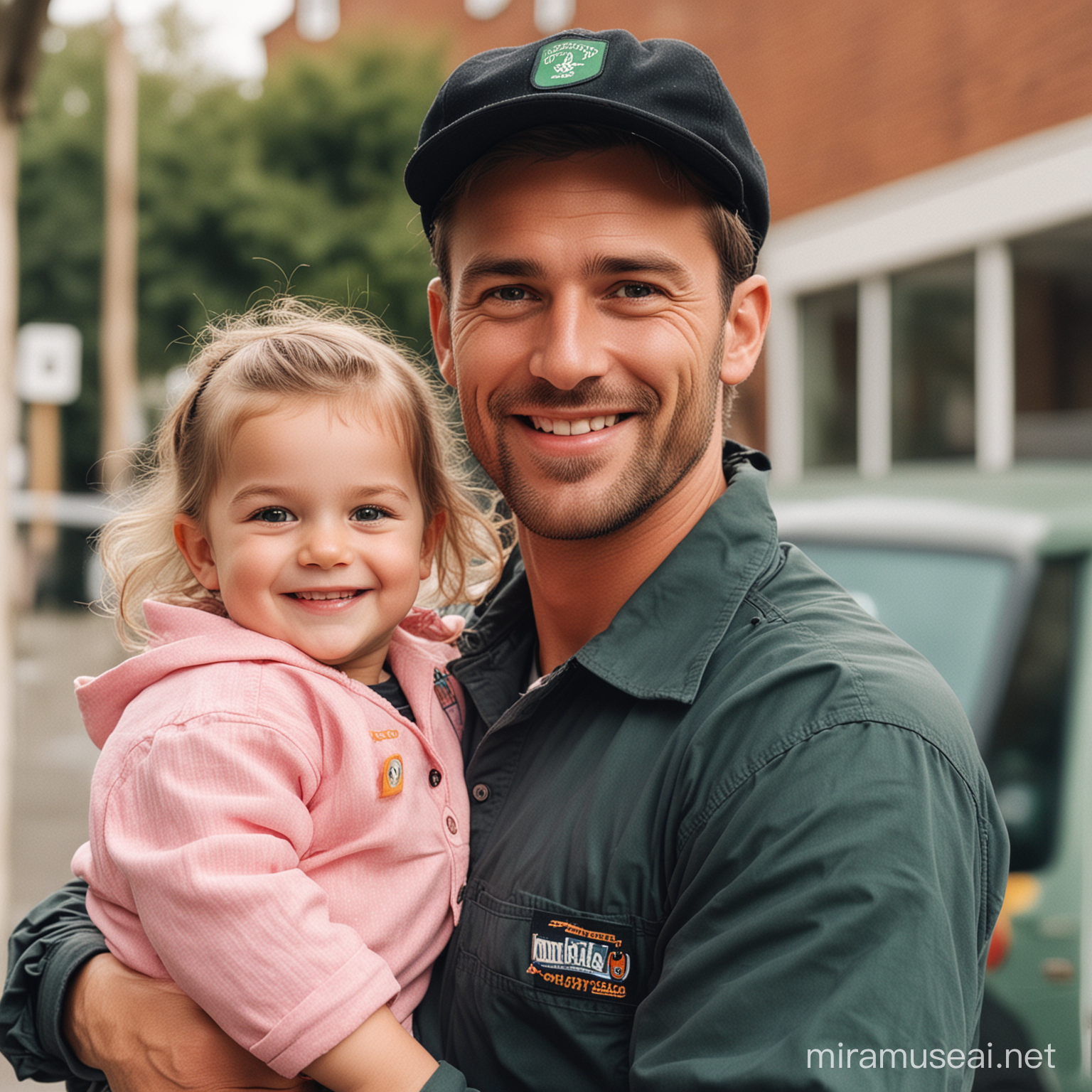 Man holding child smiling and looking into camera, he looks like a delivery driver, 90's clothing style