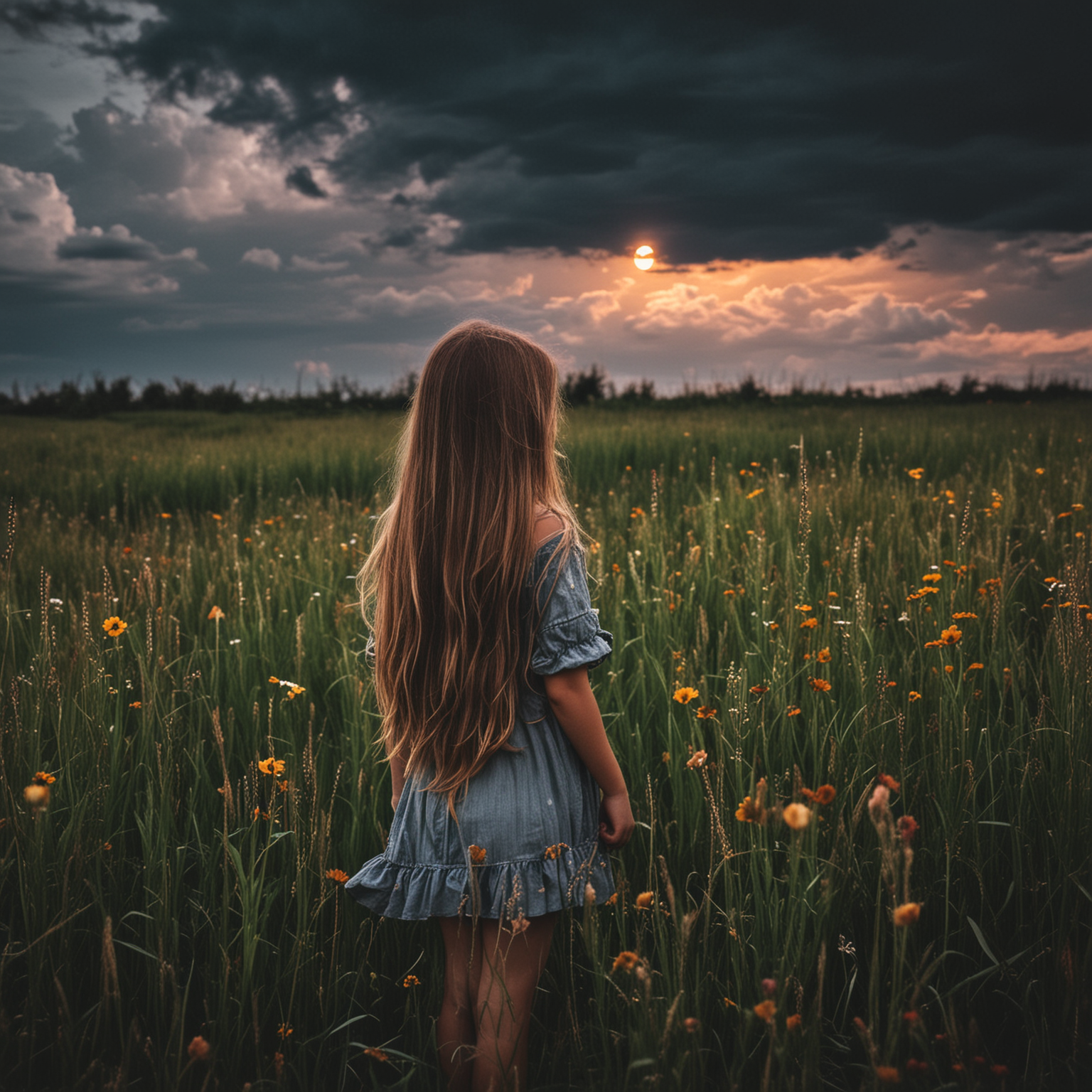 child alone sad backlight long hair back high grass colors flowers stormy clouds moon 