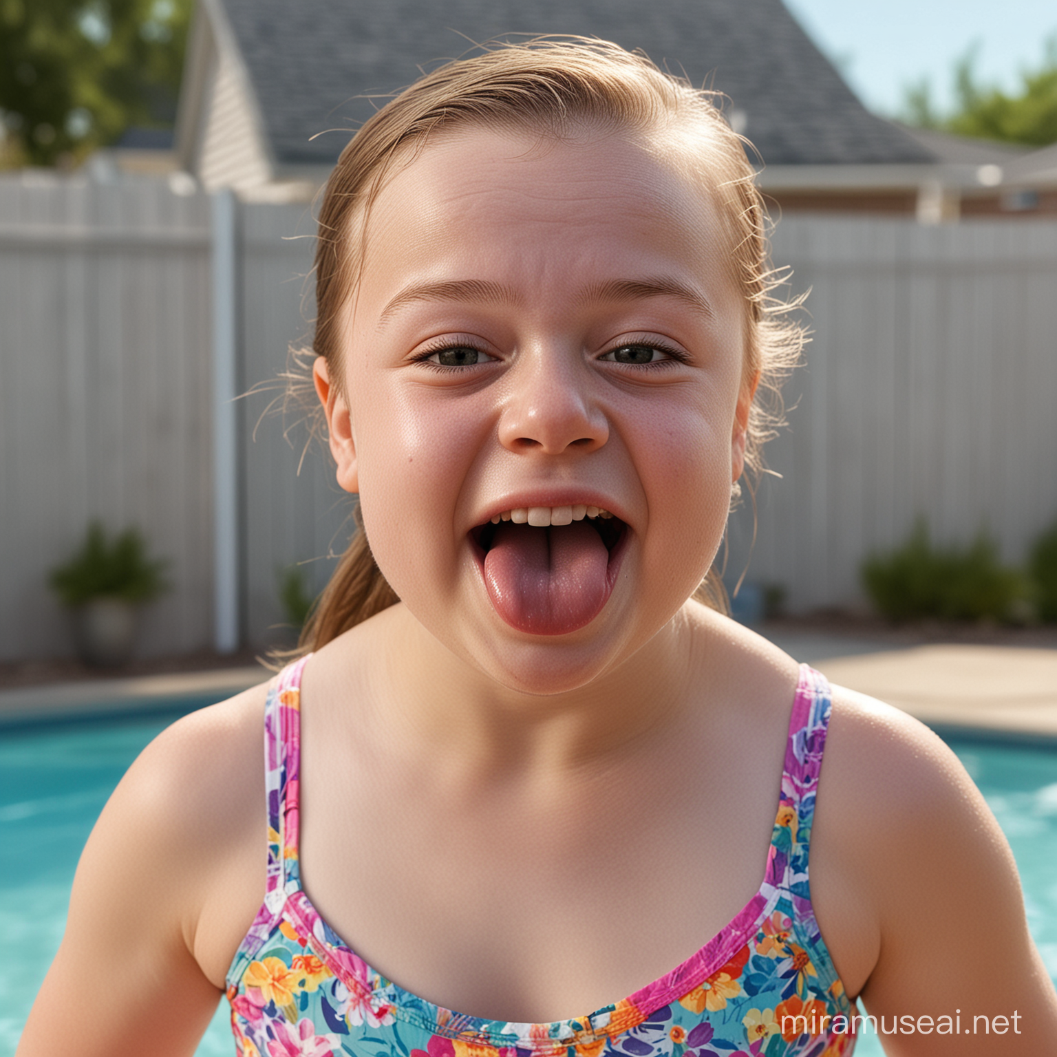 A photorealistic picture of an 11year-old girl with down syndrome,whose face shows typical trisomy 21 features and her tongue is slightly out of her mouth, she is wearing a swimsuit, she is in the yard,her face shows a disability,she must fully visible in the picture