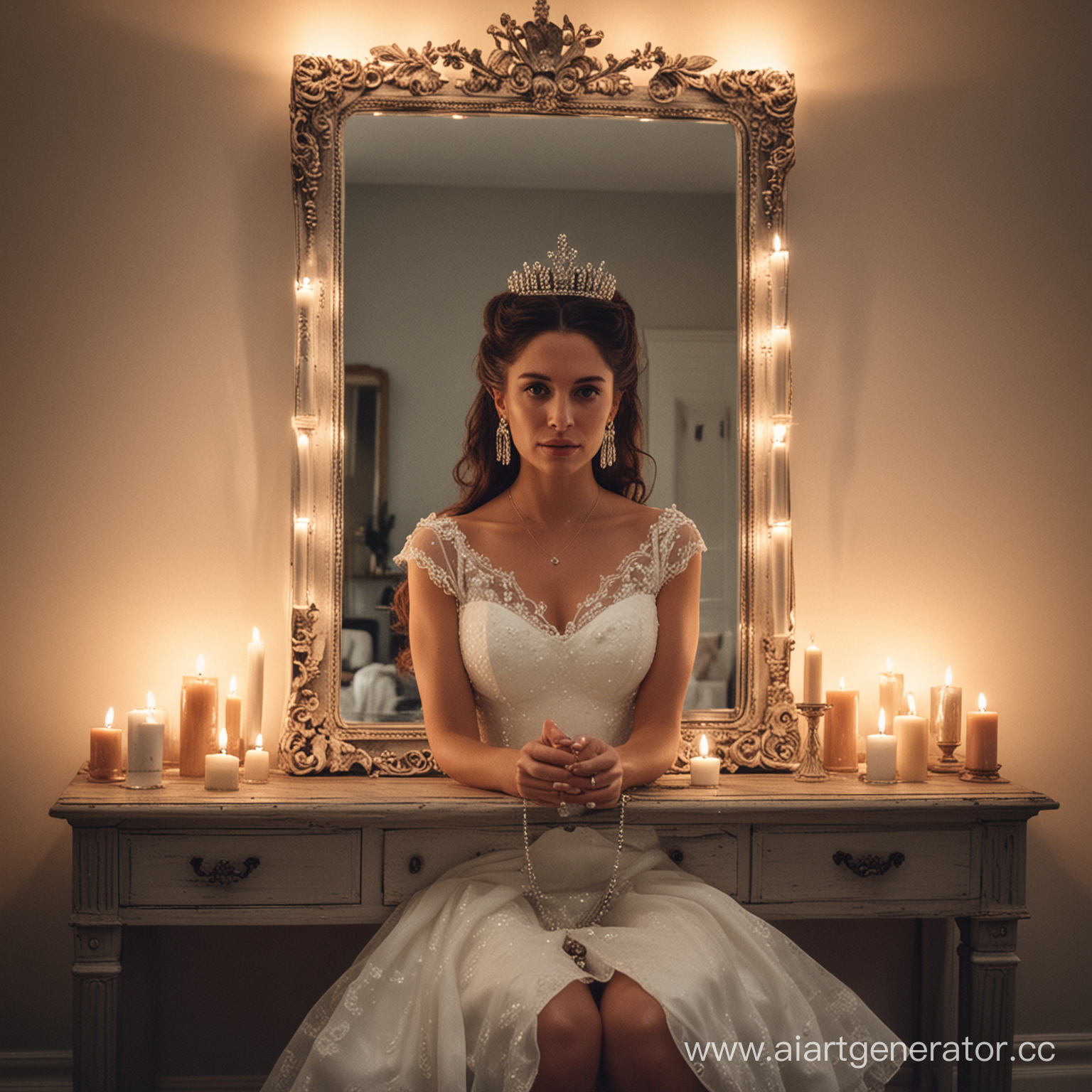 Queen sitting in front of mirror with candles
