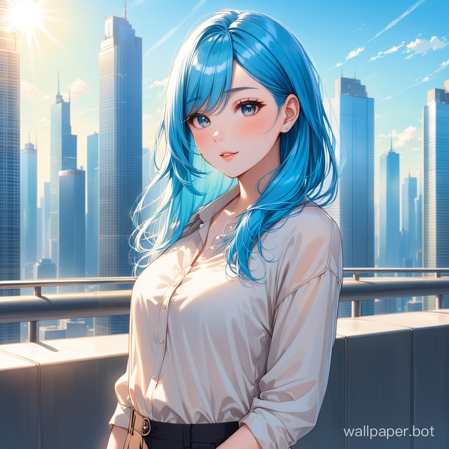 "A beautiful girl with blue hair,wearing a stylish outfit, standing  in front of a cityscape background  with skyscrapers and modern  buildings. The sky is clear and the  sun shines brightly, creating a  stunning view."