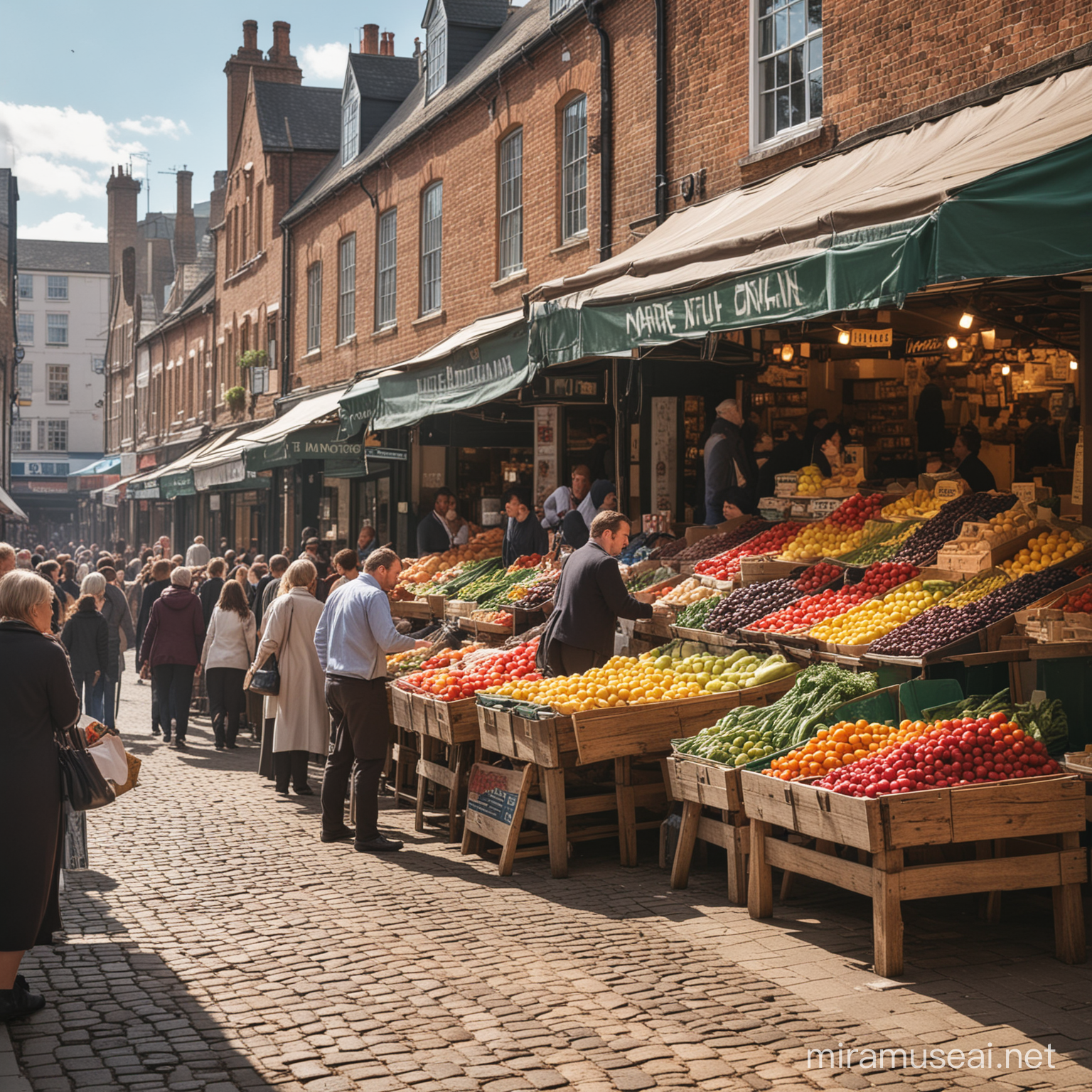 Busy Market in England Bustling Scene of Vendors and Shoppers