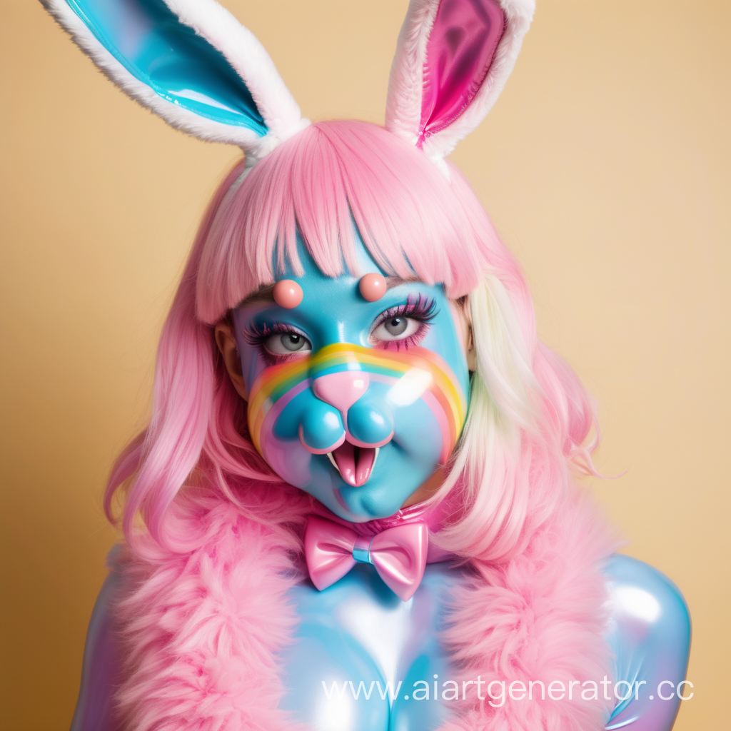 Латексная девушка фурри пасхальный кролик с полностью радужной латексной кожей с розовой латексной мордой кролика вместо лица. Облизывает пасхальные яйца Изображение сделать в милой стилистике