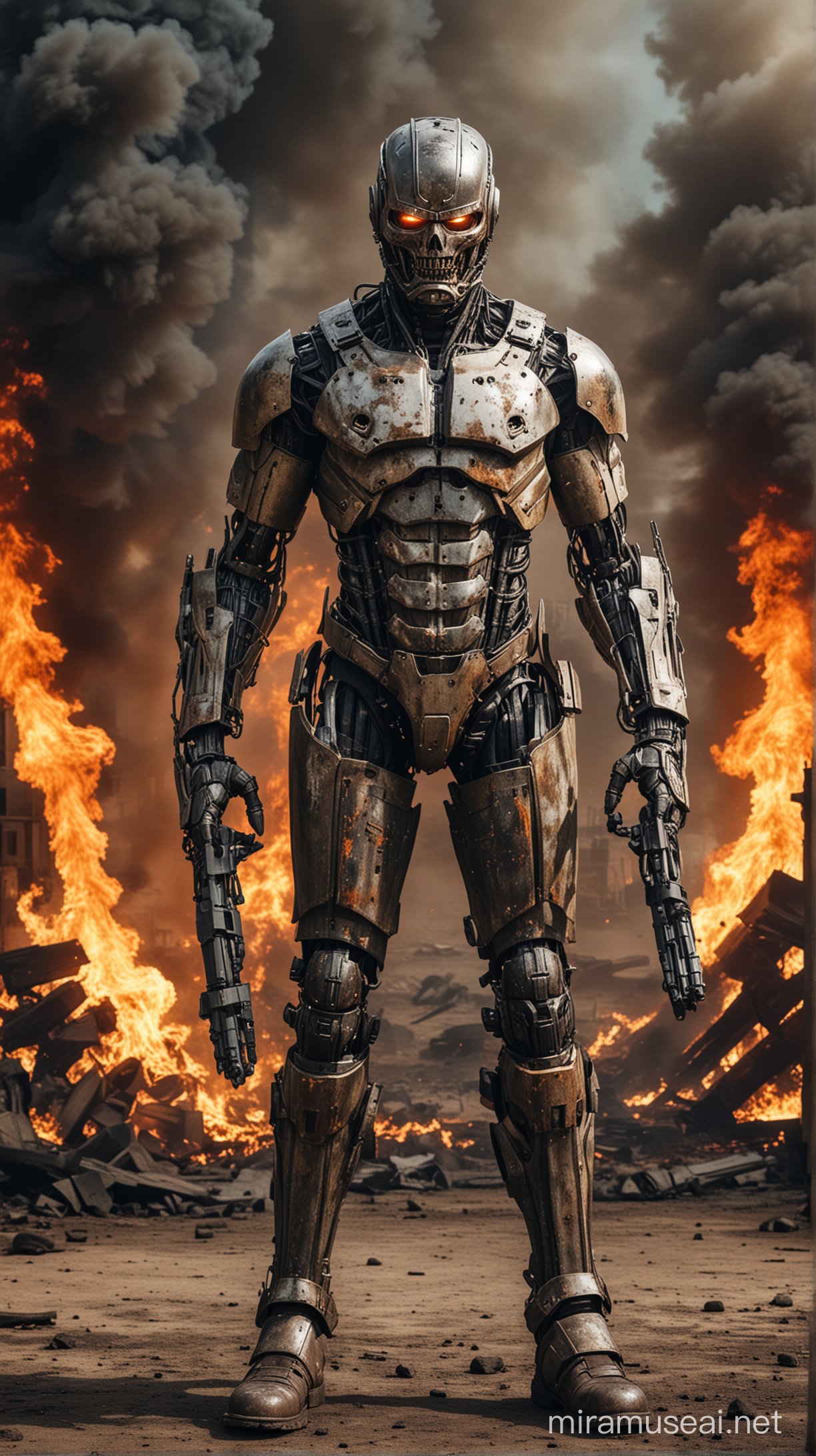 angry half man half machine humanoid portrait with helmet, full body with a war and slavery on fire scene on the background
