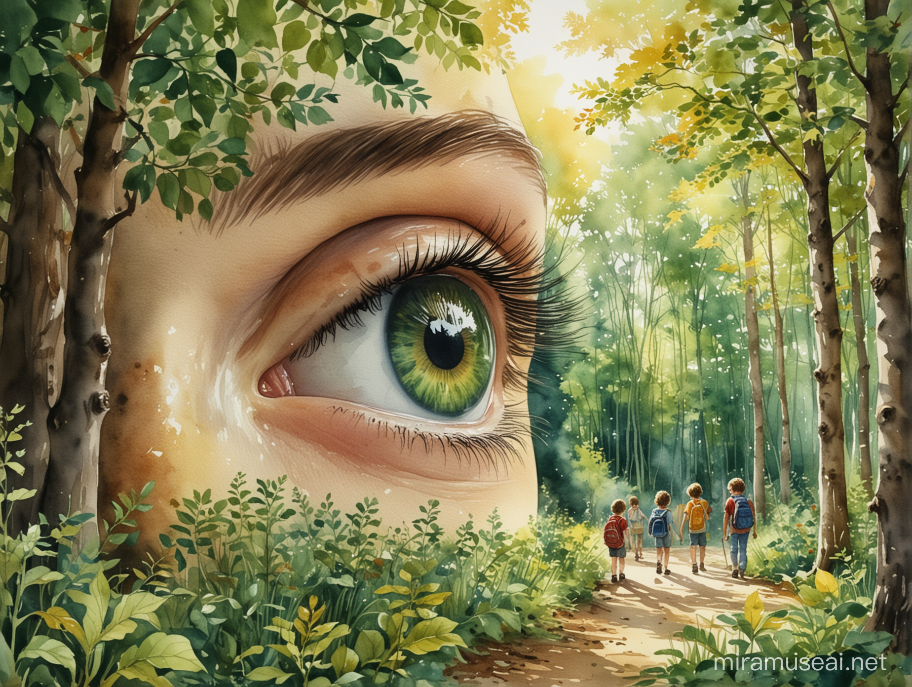 Children exploring nature, A child's eye view of nature amidst a classroom of students growing up disconnected from nature, Renaissance, Watercolor, Sunlit forests, Forest green,Closeup, Extremely detailed, --ar 4:3 --v 1