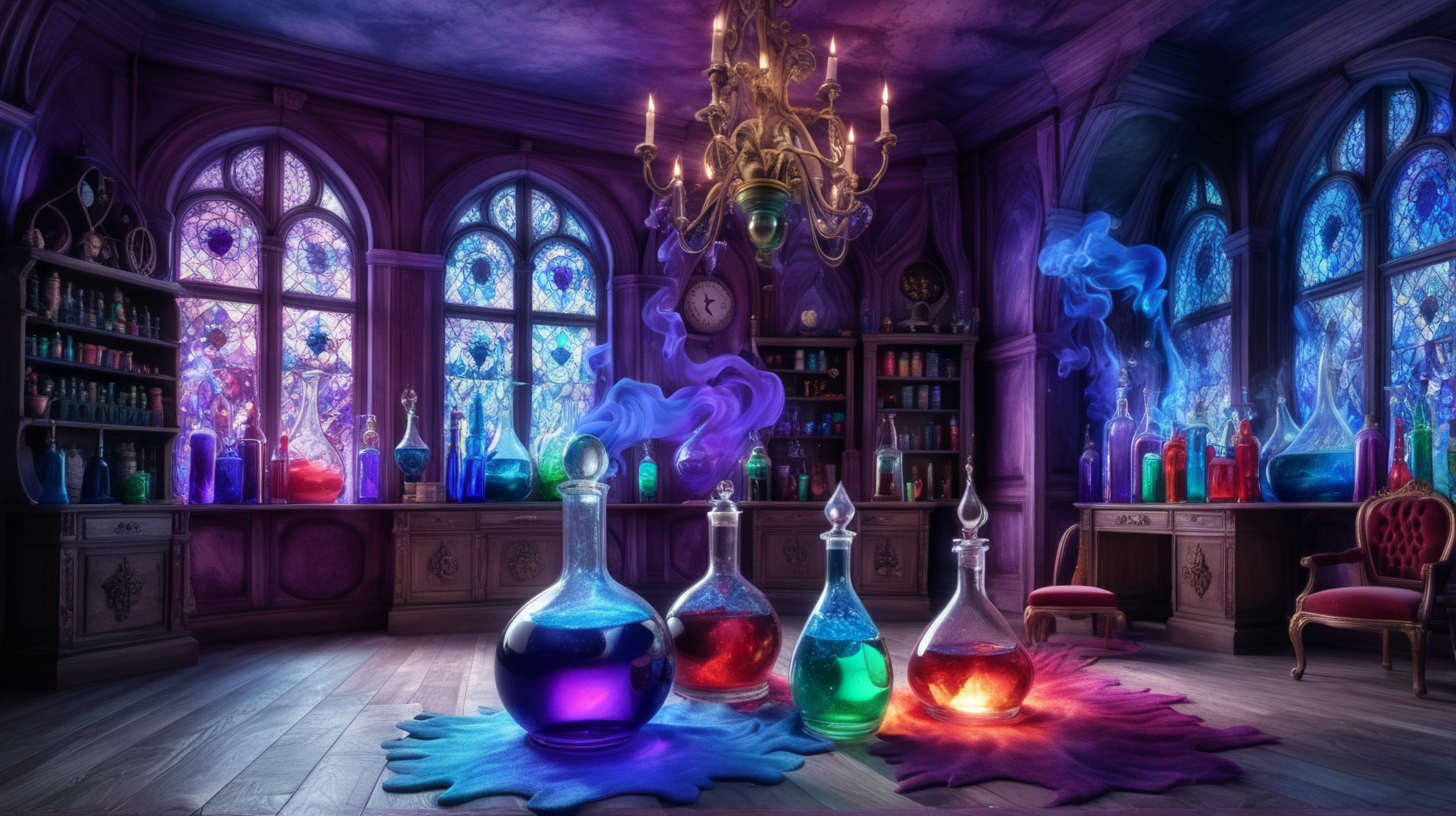 Magical Fairytale Room of blue and purple flames. Potion bottle with green-red-white liquids