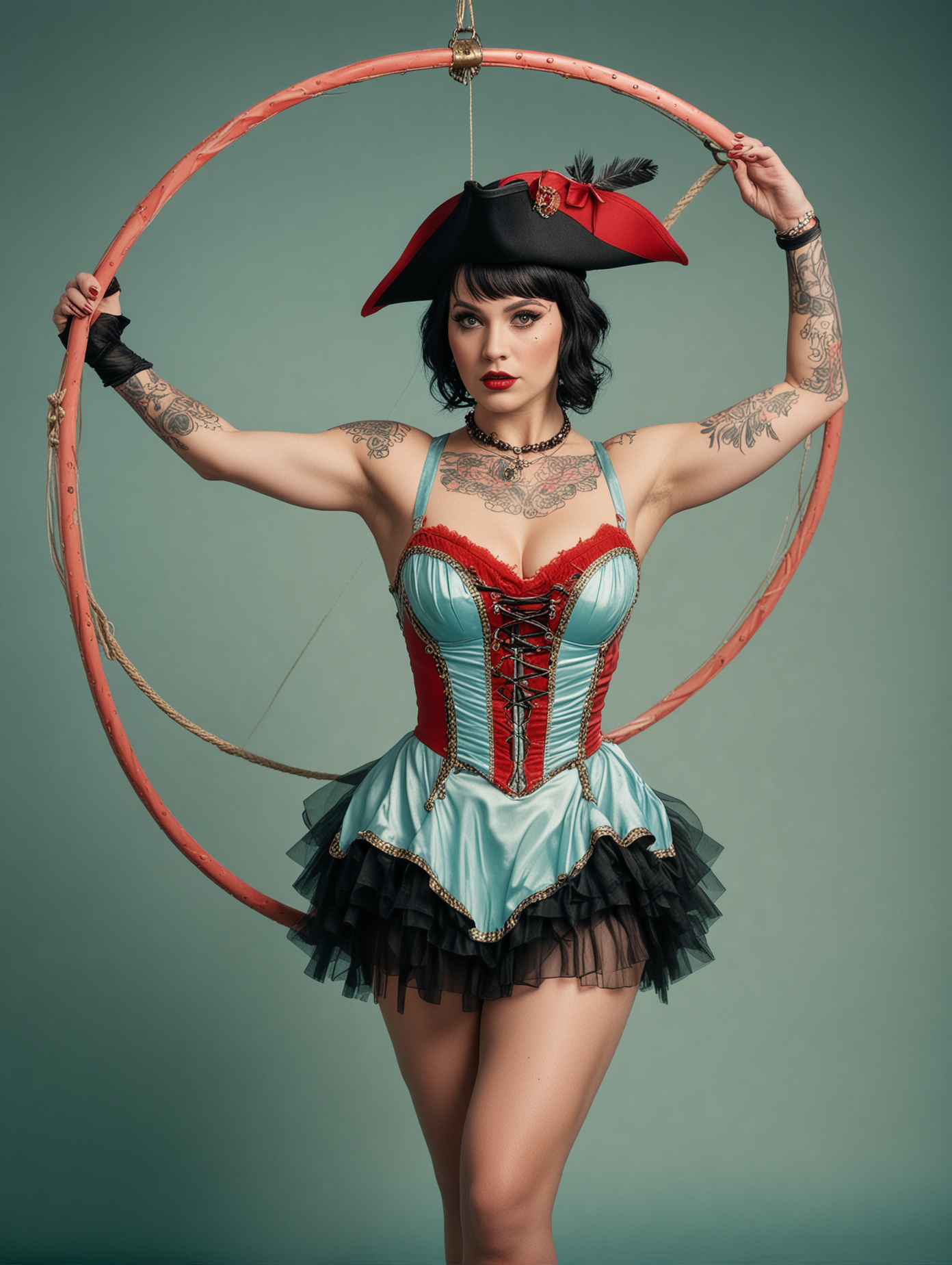 circus, in the style of whimsical yet eerie symbolism, American 1920's circus, light cyan and red palette, close up portraiture, well built busty female acrobat with black hair, wearing a pirate themed outfit, pirate hat, leotard and tutu, covered in tatoos, holding an aerial hoop, nature-inspired pieces, circus costumes, ultra details