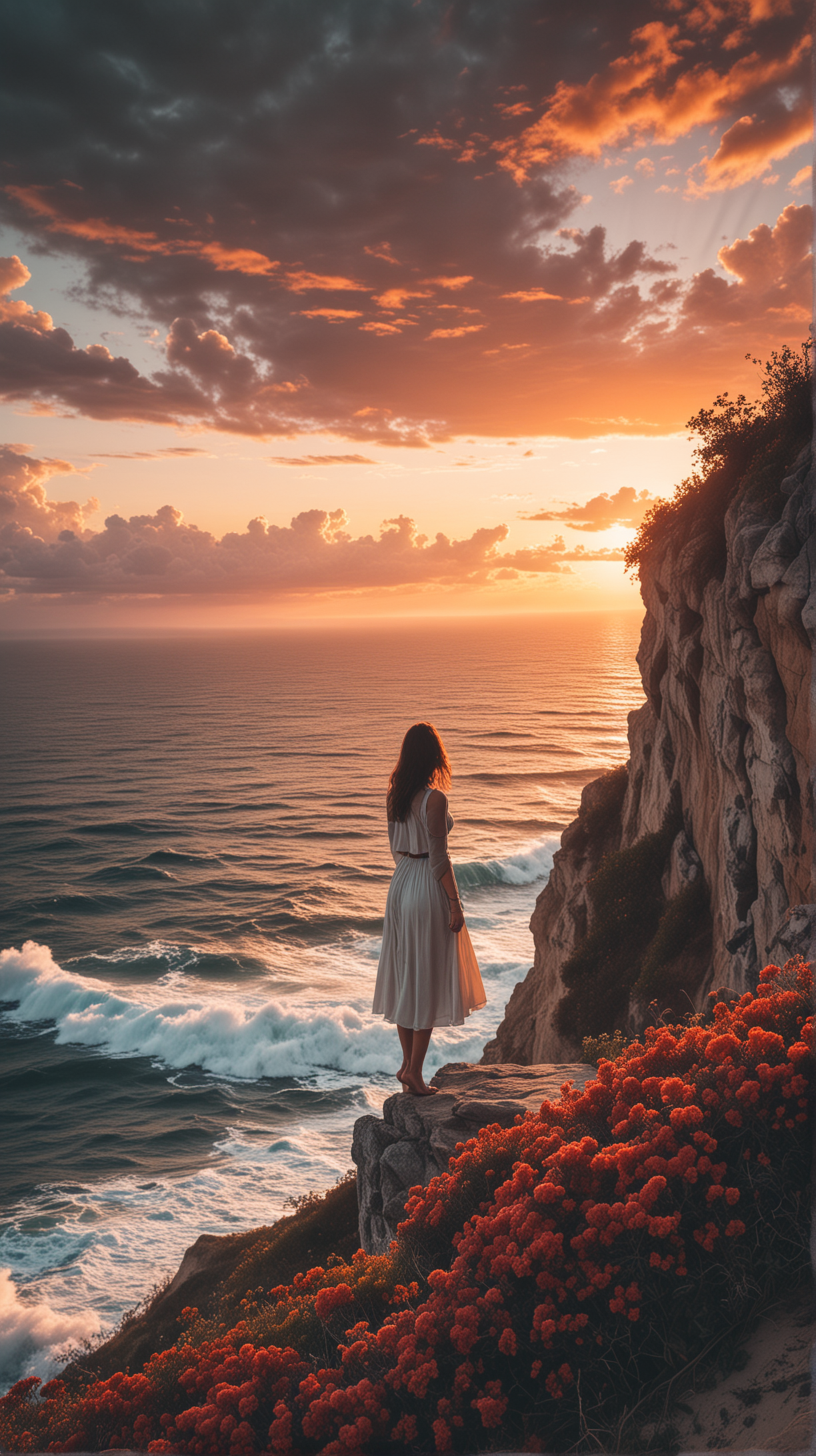 cinematic tone.
A candid photograph of a woman standing at the edge of a cliff overlooking the ocean in a Codex_401 style, beautiful sky and fluffy clouds silver lining, variant vibrant flowers bush, red orange sunset colors,