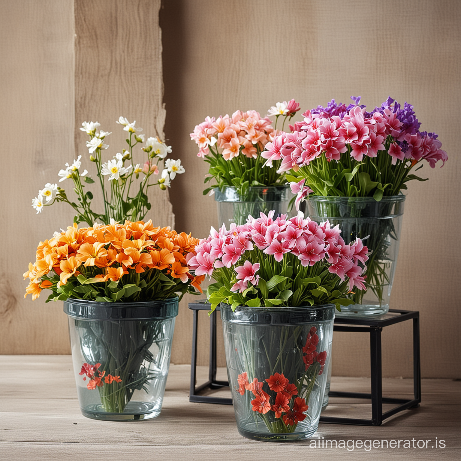 Very beautiful flowers in glass flowerpots