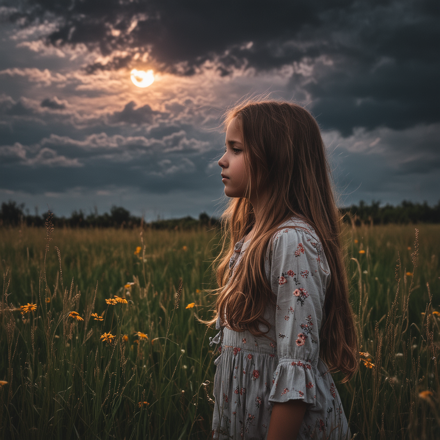 child alone sad backlight long hair back high grass colors flowers stormy clouds moon 