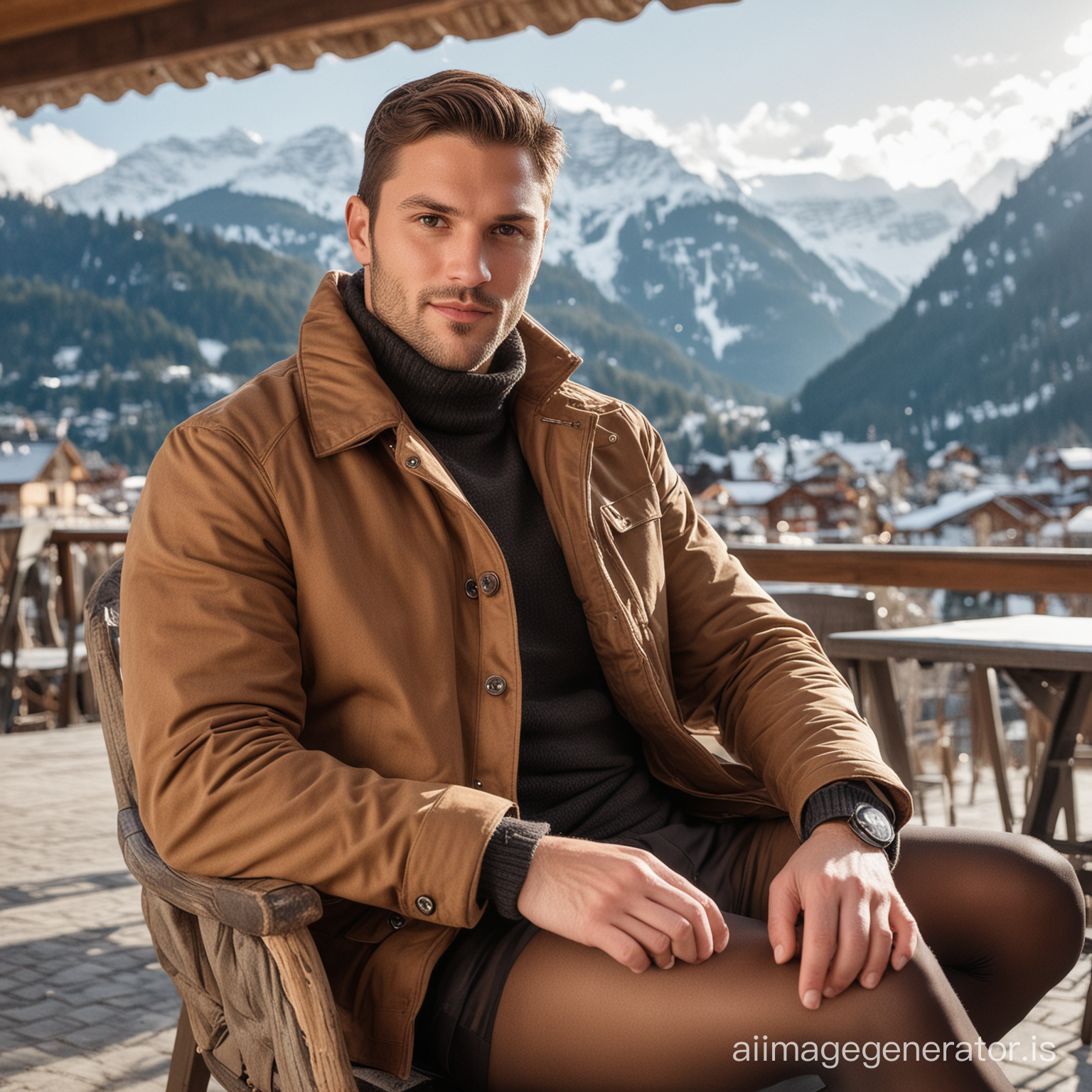 sturdy rugged 28-year old business man with brown winter jacket, wearing sheer tights, sitting on a chair at a table outside in Gstaad