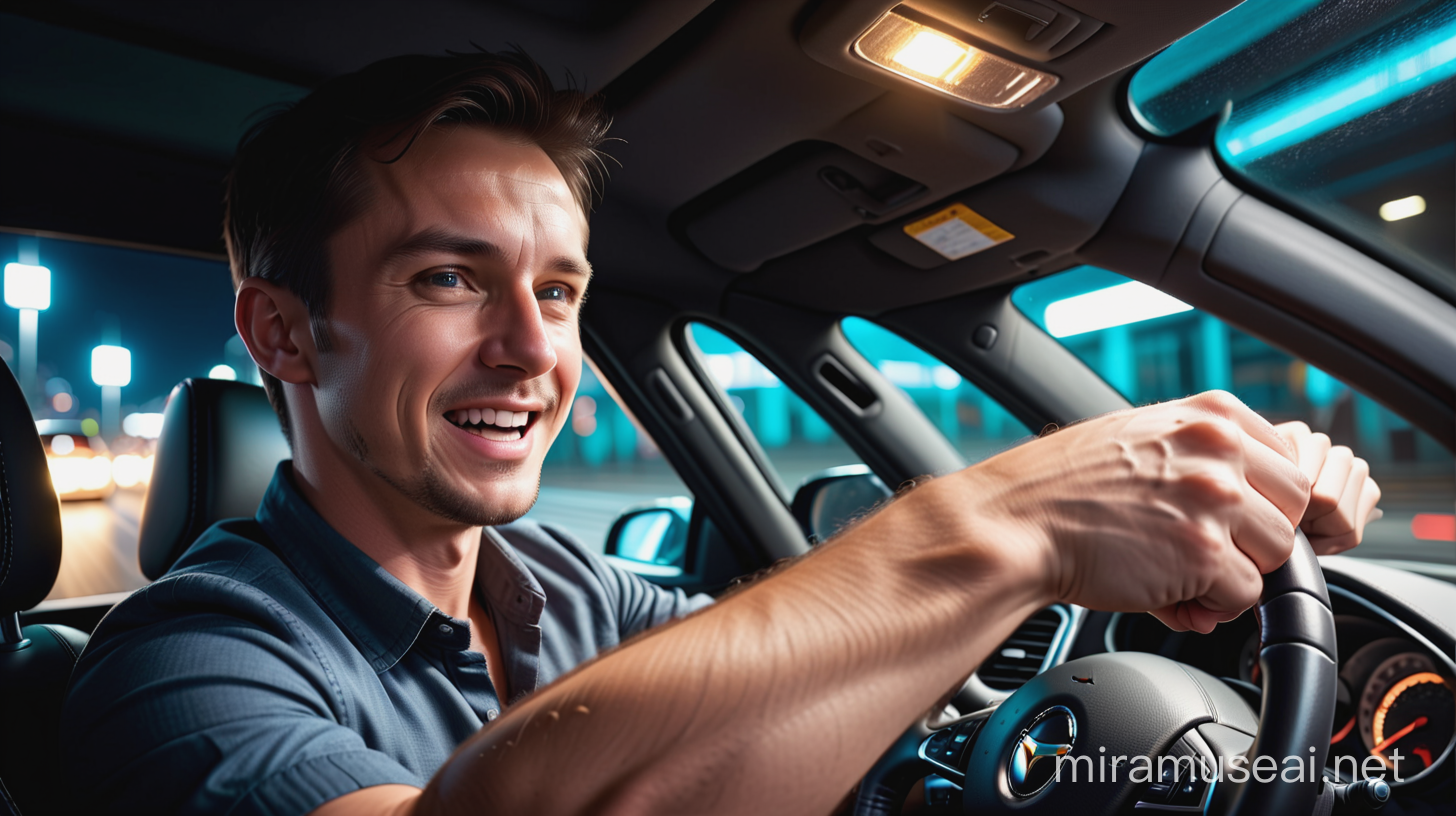 The Driver shifts gears, a look of exhilaration on their face. Close-up on the driver's hands and face, capturing the intensity of the moment High contrast interior lighting to focus on the driver's expressions