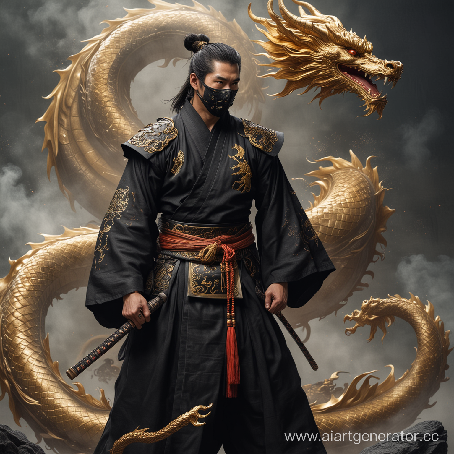 Samurai with black robes and mask and ponytail and golden dragon around his body 