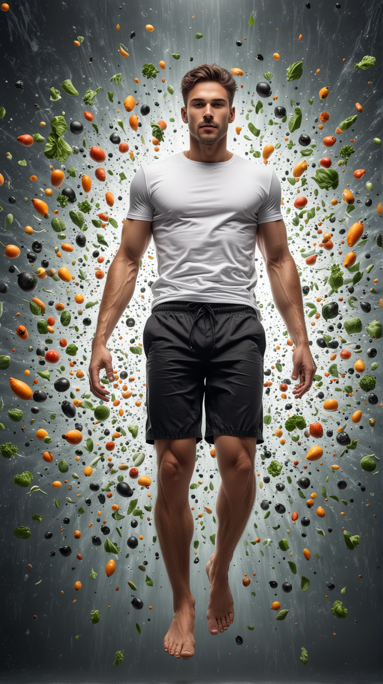 healthy man floating surrounded with nutrients floating, scientific image, the man is wearing white tshirt and black shorts, epic background, 4k, HDR, hyper realistic