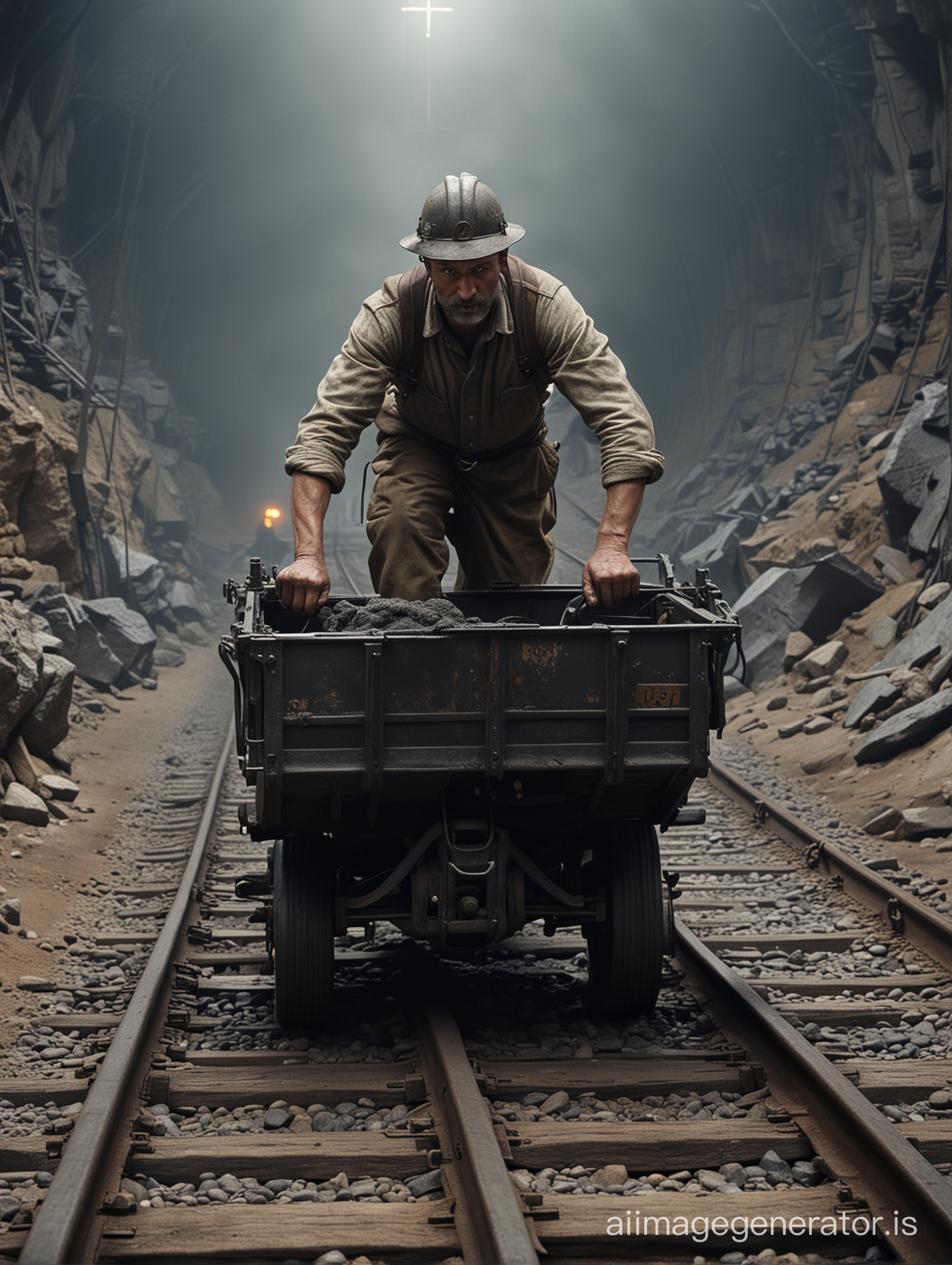 realistic image of a Polish miner pushing mine cart on rail in a deep mine, ultra hd, super detail, 48k, colours photography in 1911