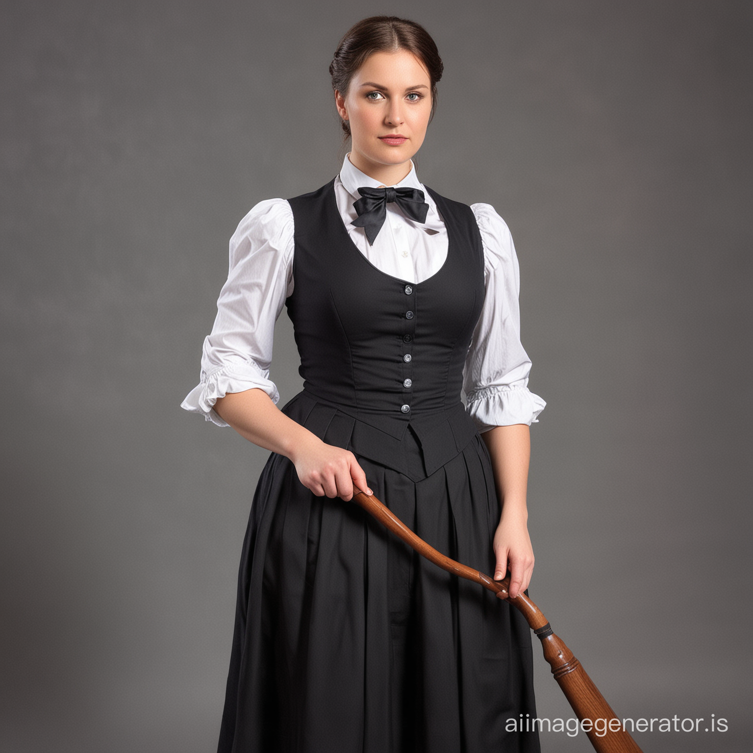 really strict german governess, curvy figure, strong upper arms, vey wide hips, long tight skirt, stern face, looking at you, treatening with a spanking paddle in right hand, full size