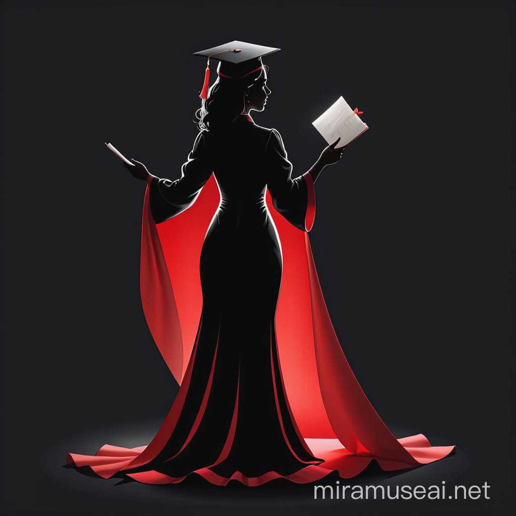 Create a vector graduate black silhouette with red dress back side of women and Holds graduation degree