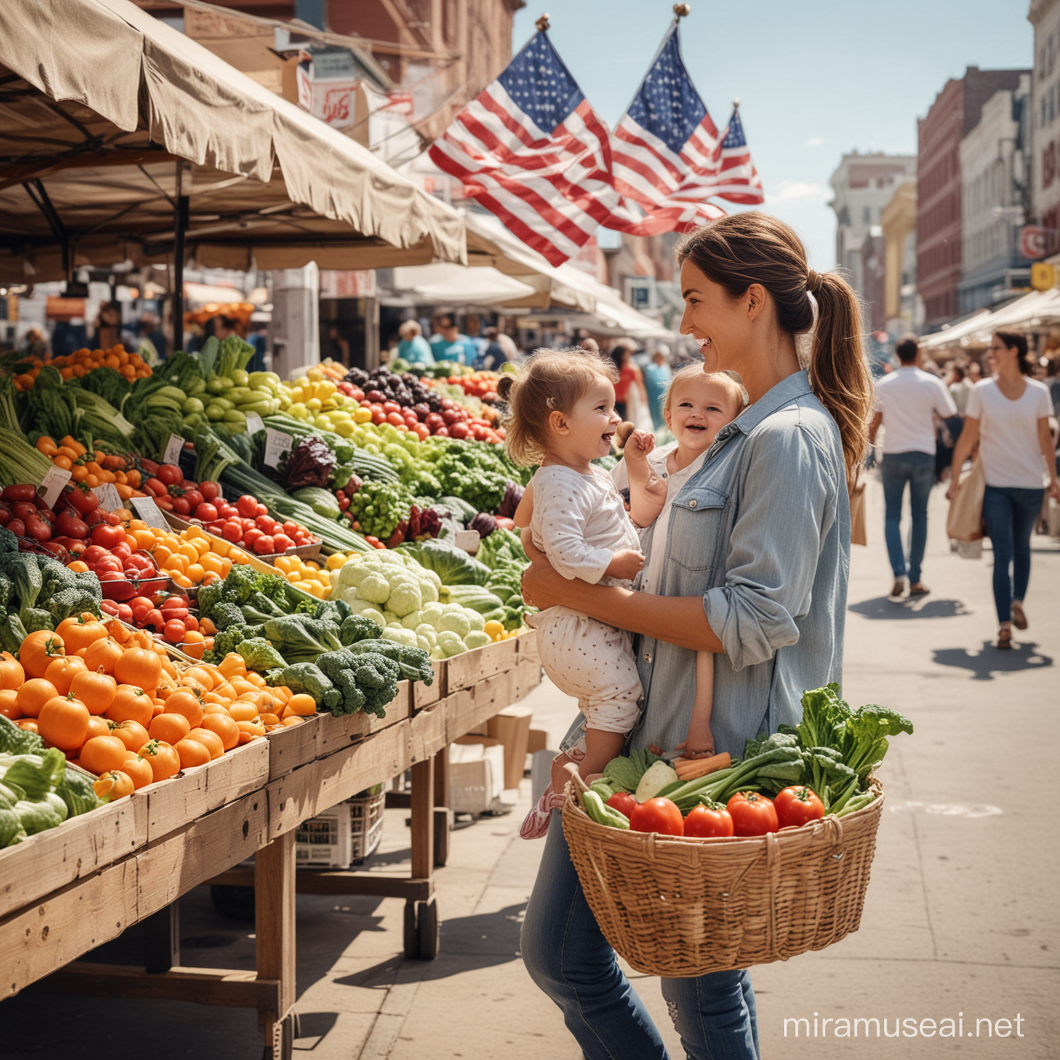 modern picture of market with happy woman and child buying vegetable in USA side view without flag