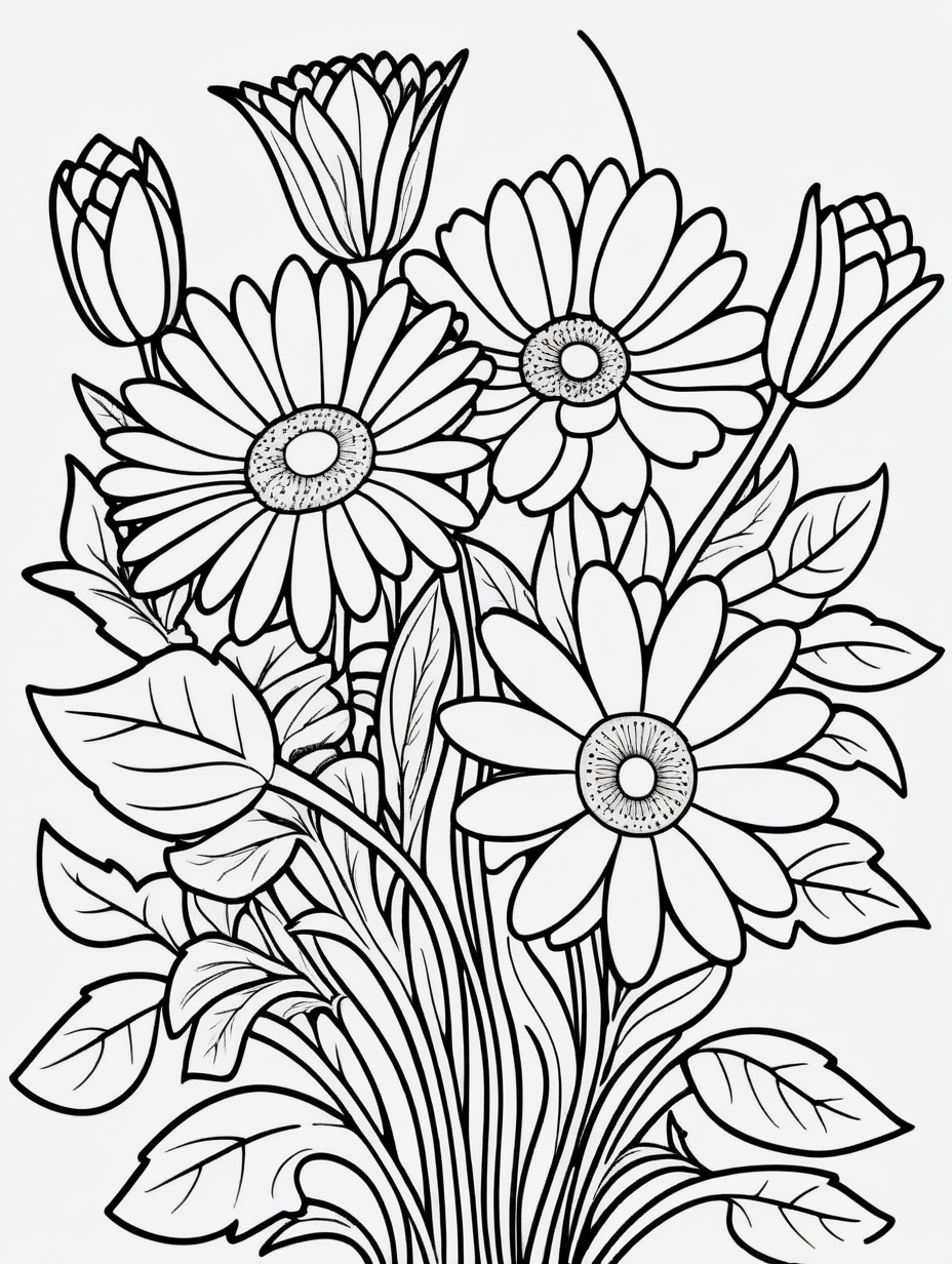 Cartoon Style Black and White Flowers Coloring Page