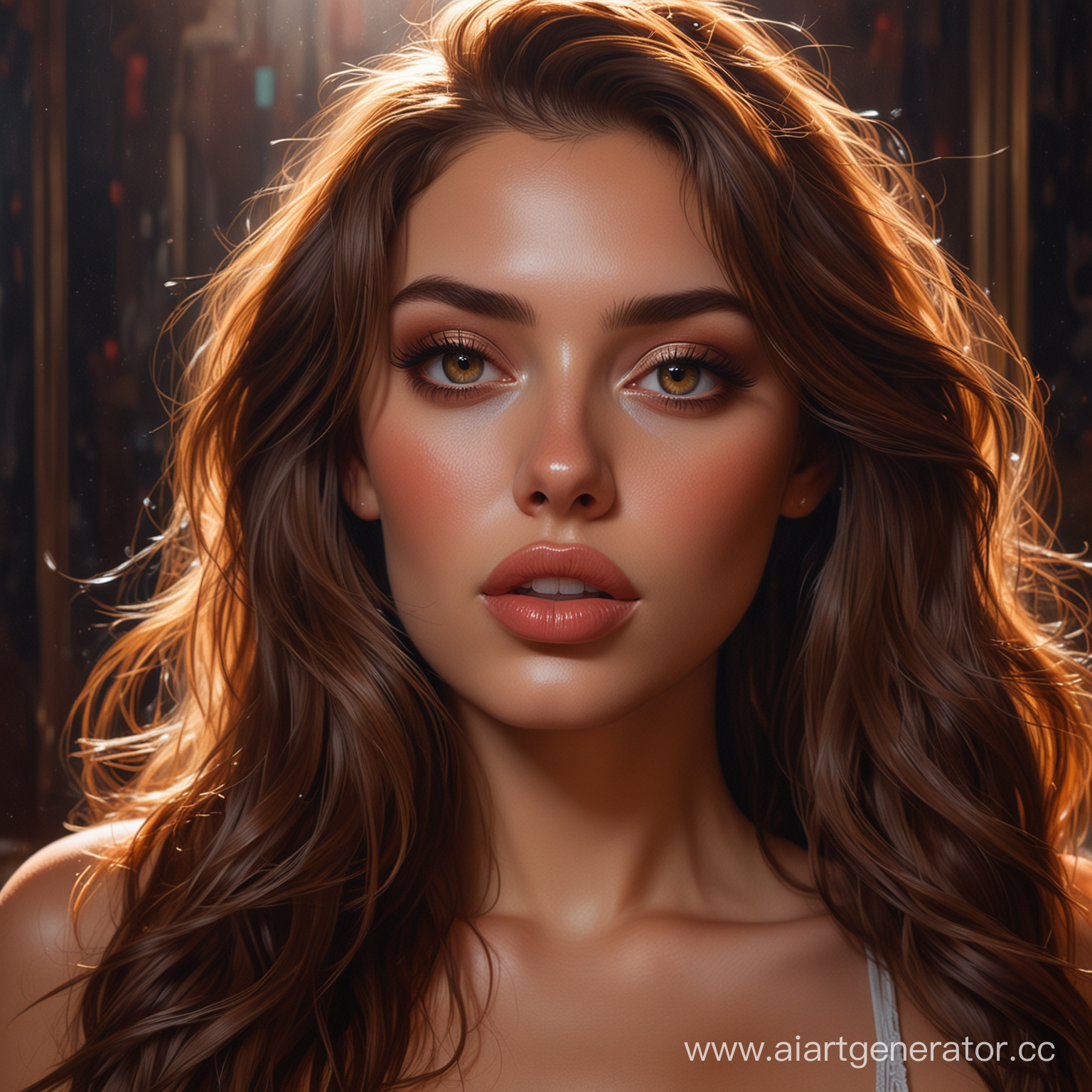 background casino (photorealistic, oil painting:1.3), mesmerizing girl, long flowing brown hair, (large sensual mouth:1.2), plump lips, sparkling eyes, (voluptuous figure:1.2), collaborative style inspired by Enki Bilal and Mark Brooks, noctilucent glow, ethereal aura, detailed brushwork, intricate shadows and highlights, mysterious and captivating expression, unique color palette, masterful use of light and shadow, immersive atmosphere, raw emotion, intense gaze, dynamic composition,