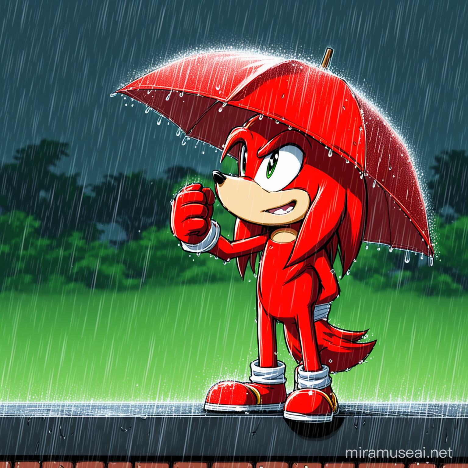 Knuckles Relaxes Under the Soothing Rain