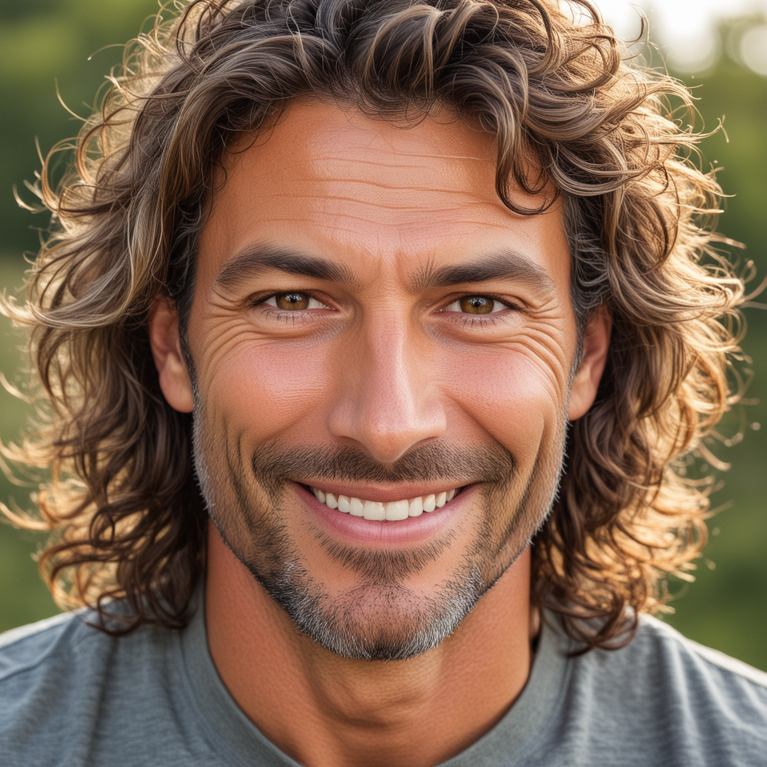 Warm Portrait of a Kind 46YearOld Man with Wavy Hair and Gentle Smile