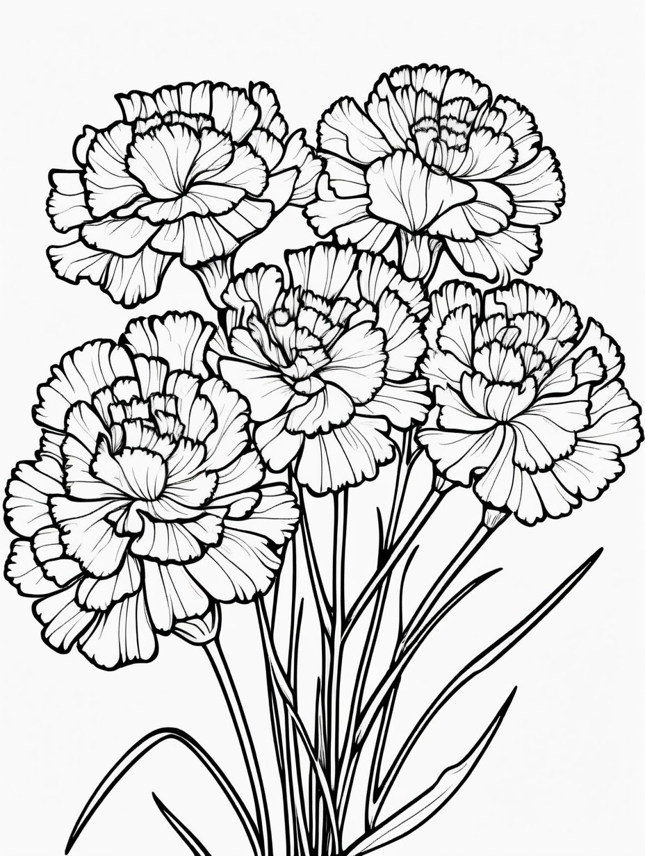 Cartoon Style Black and White Carnation Flowers Coloring Page