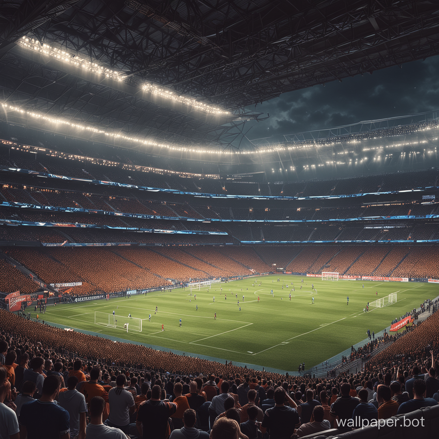 Realistic football stadium scene, high detail, cinematic, dynamic lighting, crowded stands, UHD resolution, detailed architecture, digital painting, sports, stadium design, epic atmosphere, vibrant colors, by top artists in sports illustration, excellent composition, immersive experience