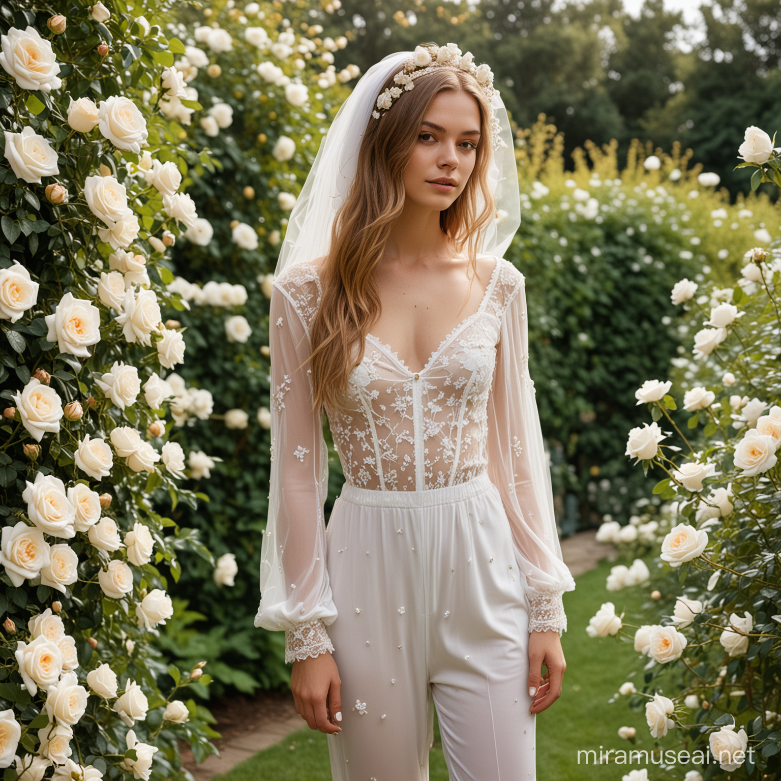 A young woman, not tall, skinny, with a small butt and small breasts, with a short neck and fingers. With long, thick light brown hair. Dressed in a veil, a wedding white jumpsuit embroidered with gold roses and white Converse sneakers. Standing at a wedding in a luxurious garden with roses 