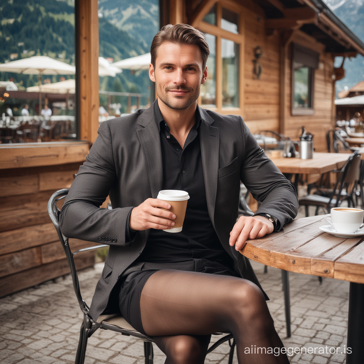 sturdy rugged 32-year old business man wearing sheer tights, sitting on a chair at a table outside in Gstaad and drinking coffe