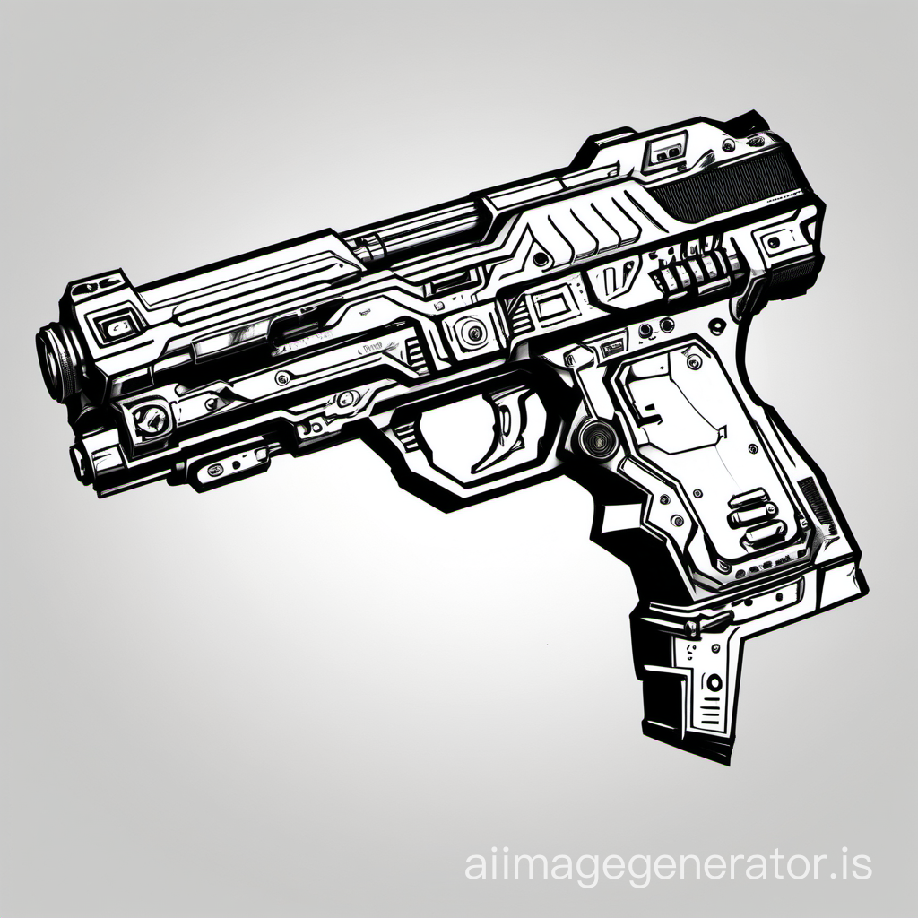 cyberpunk automatic pistol, comics draw visual, black and white, no background