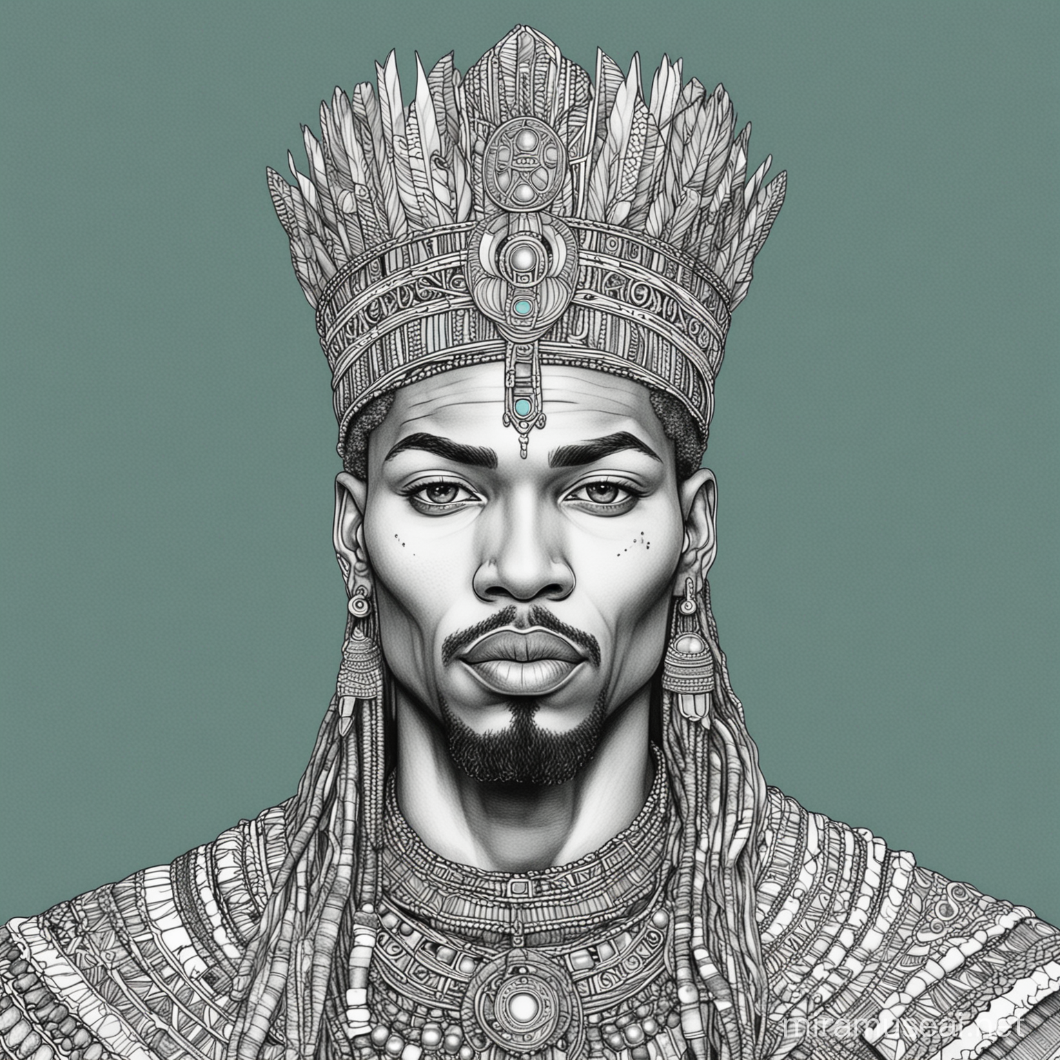 Adult coloring book page. Black and white. Teal background. Single Line Drawing. Thin lines. Powerful Ancient African King. Bold Look. Looking majestic, wellbuilt.