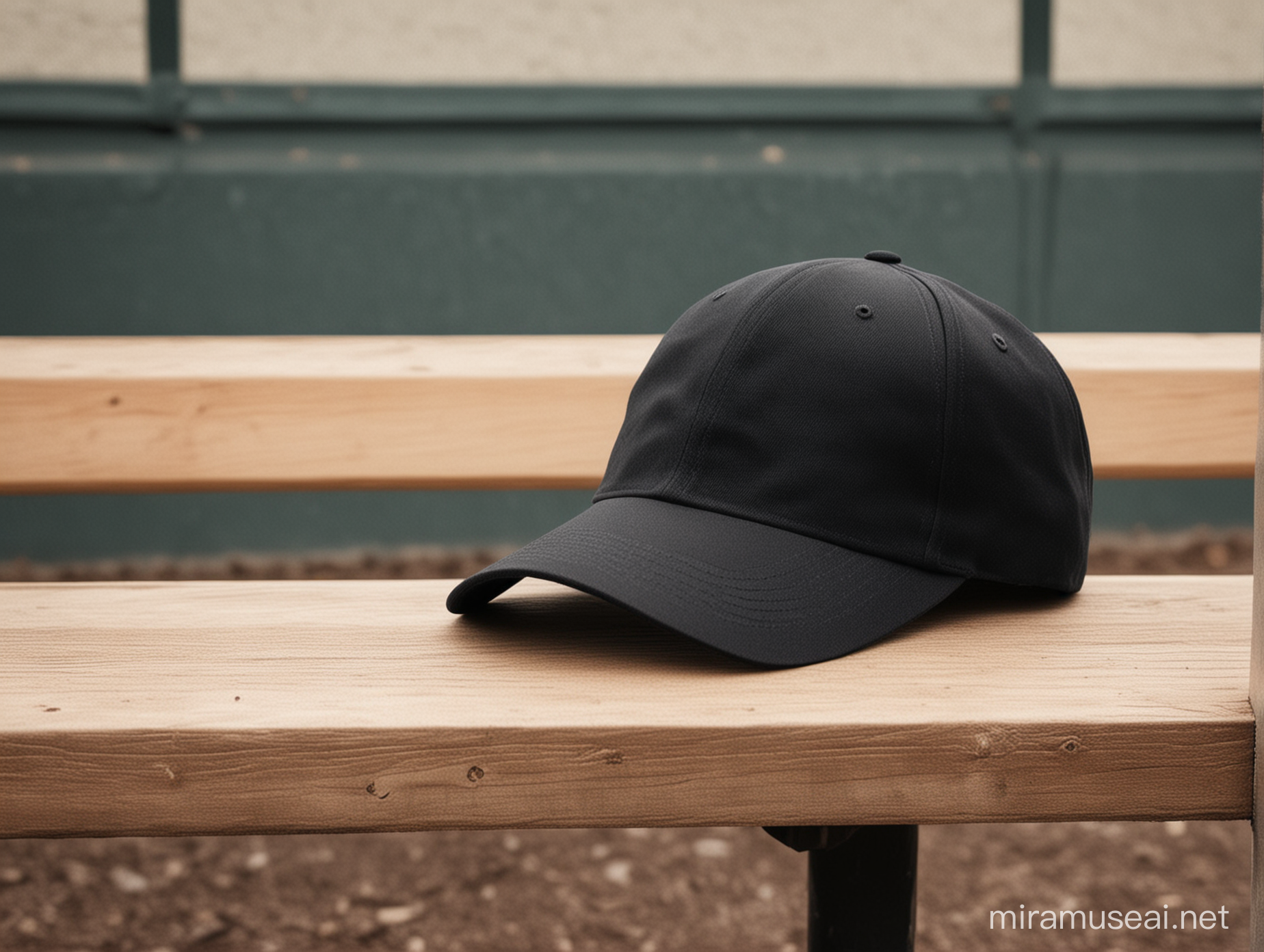 Create an image of a blank black baseball cap on a bench in a baseball dugout.