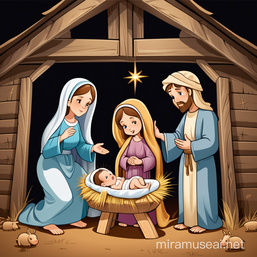 Baby Jesus with Mary and Joseph in the Barn Manger