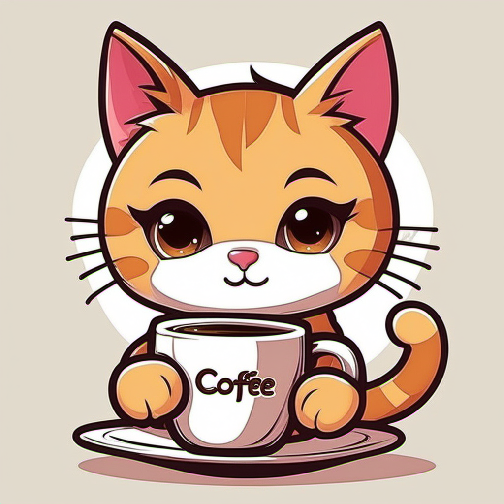 cute cat with a cup of coffee cartoon