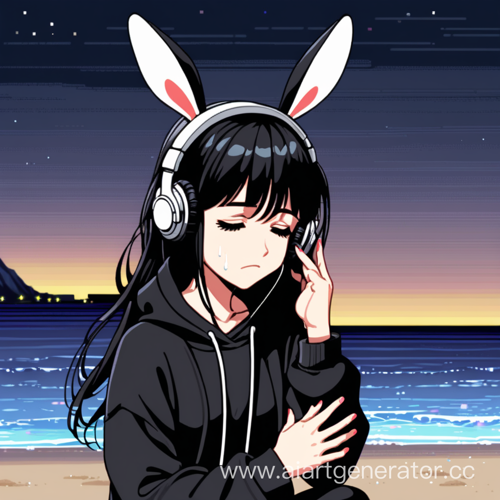 pixel art аниме девочка в наушниках слушает музыку на берегу и плачет. ночью. у нее черные волосы, няшка . в черной худи. ушки зайчика
