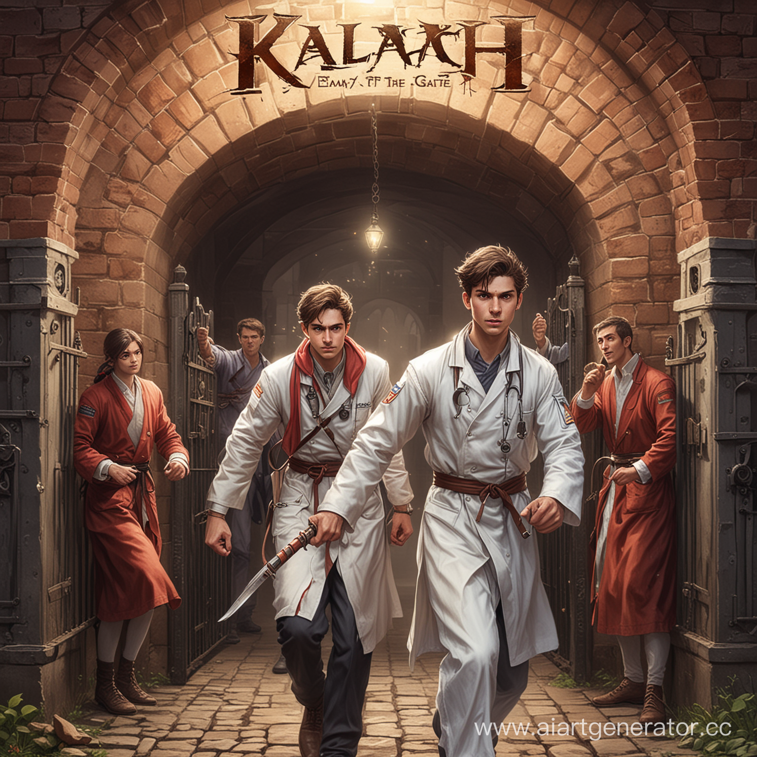 Нарисуй обложку к компьютерной игре "Калач. Враг у ворот". Игра про молодого бойца, который сражается с демонами в костюмах врачей.