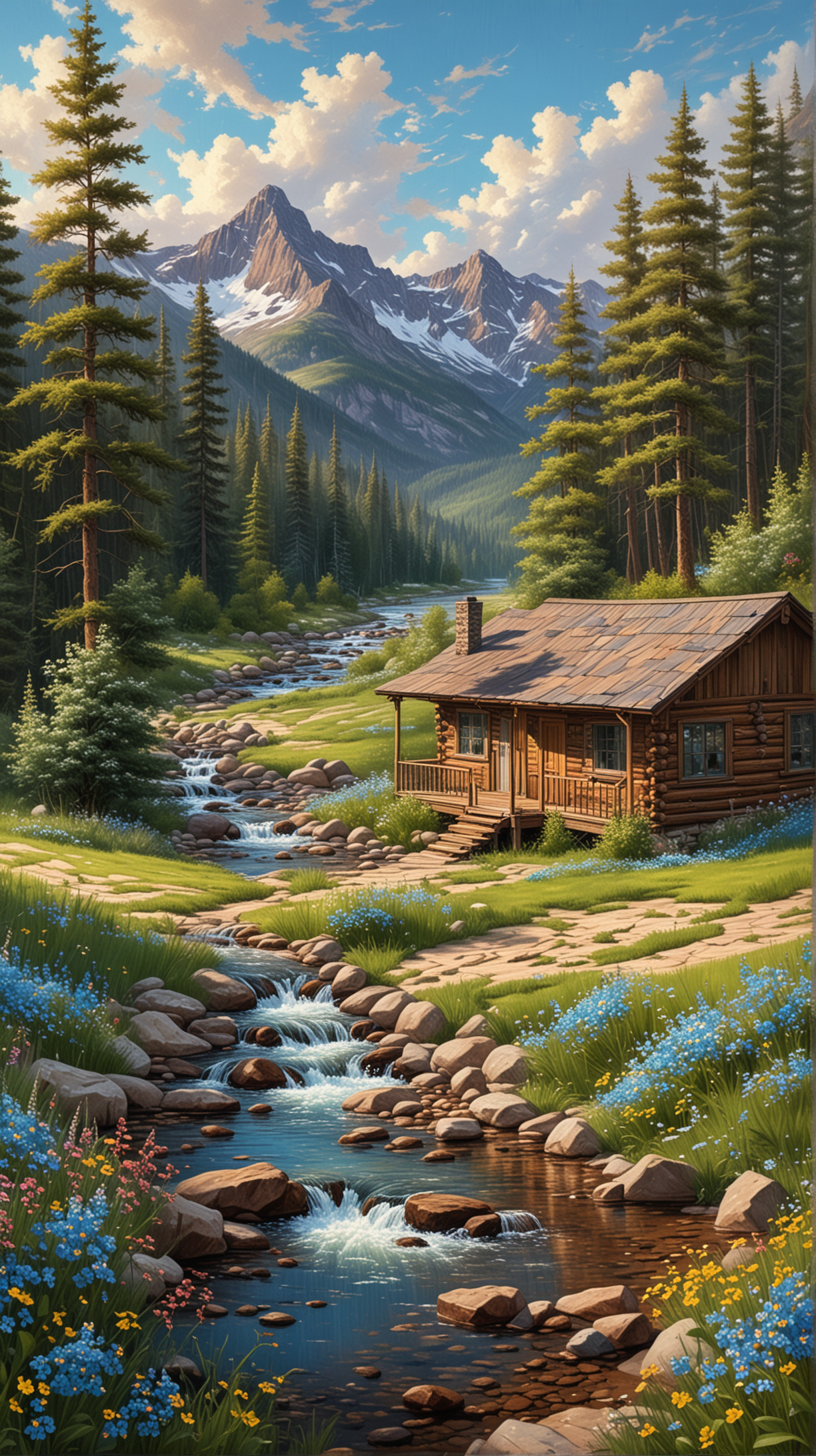 A photograph of a little wood cabin house at the forest overlooking the range mountain and a creek flowing by side of the cabin in a Codex_401 style wide angle, beautiful sky, forget me not  flowers everywhere, ultra detailed, acrylic palette knife
