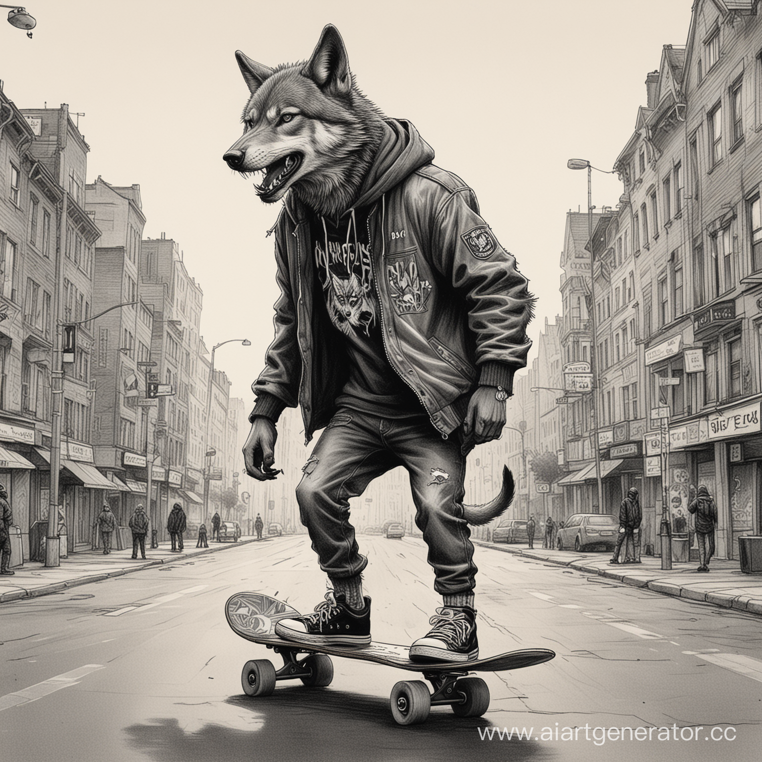 A wolf on a skateboard in a hooded jacket rides around the city drawing in the punk style
