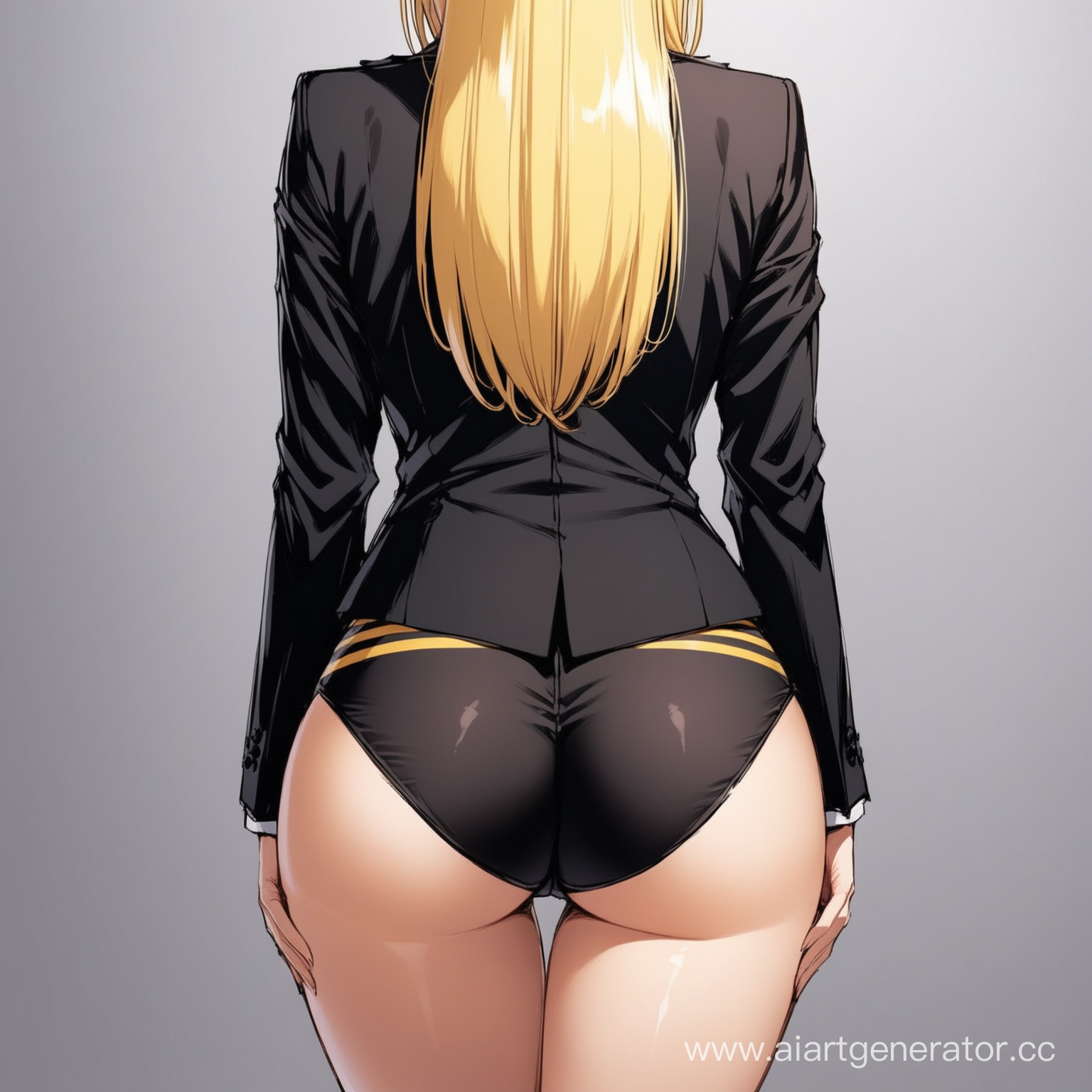 View of the ass. A girl with beautiful breasts in a black suit with yellow stripes and blonde hair