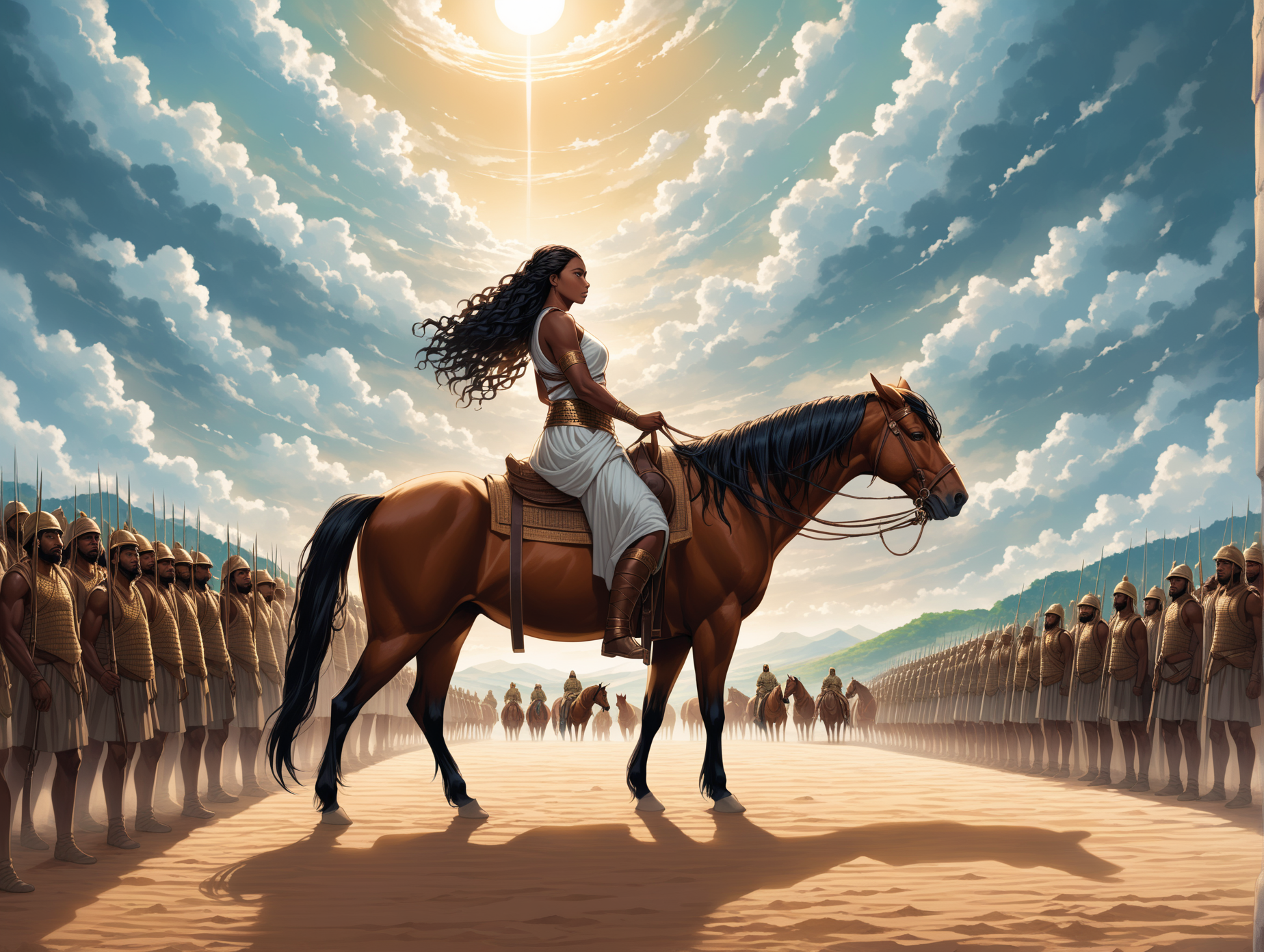 Create a digital art illustration, a colorful scene with blue skies and green backdrop of the heart of an ancient battlefield, under a sky heavy with foreboding clouds, a scene of stark contrast unfolds. Atop a rugged mountain, an African American woman with long curly hair of regal bearing and serene authority sits gracefully upon a horse. Her gaze, both commanding and wise, is fixed on the vast expanse below where history is being written in the sand. On the ground, an African American handsome man with braided hair stands resolute, clad in the attire of a biblical warrior, his presence as imposing as it is inspiring. He is not alone; behind him, stretching into the distance, an army of 10,000 men on horseback stands ready, a testament to solidarity and strength. Each soldier, like their leader, is adorned in the traditional garb of their time, prepared to follow him into the annals of legend. The landscape around them is a testament to the epic scale of their undertaking, with the rugged terrain serving as both witness and participant in the unfolding drama. This moment, captured in the stillness before the storm, speaks to the enduring human spirit, leadership, and the timeless narrative of conflict and courage.
