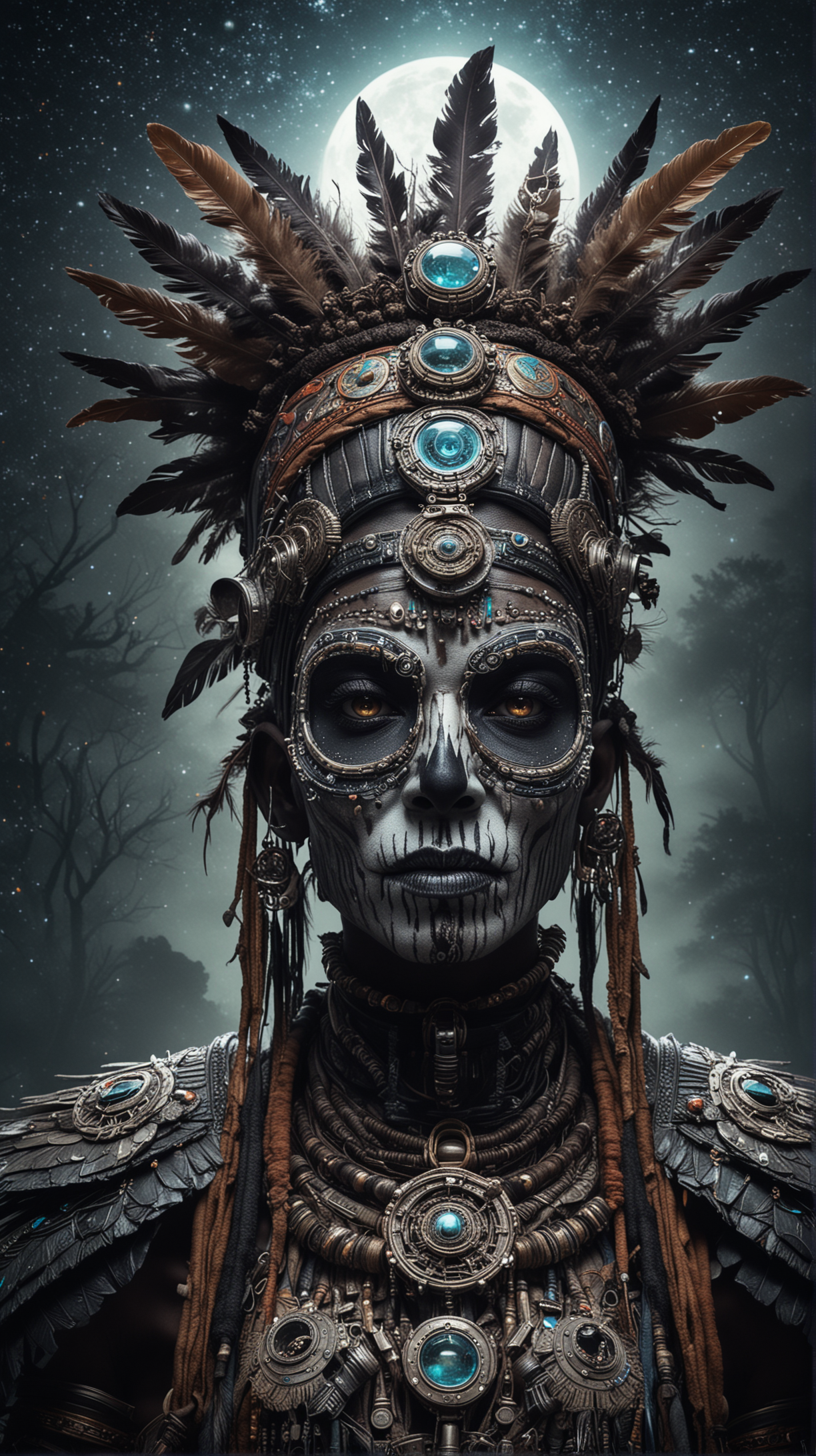 A portrait of a undead witch doctor with a futuristic and artistic theme. The individual has a dark headress. They wear oversized, elaborate goggles that look like they are made of bone, intricate engravings , reflecting the nebulous scene of colors. The goggles have a detailed, ornate design, reminiscent of a mystical aesthetic. The background is a nebulous scene with starry lights, suggesting a lush forest at night. The person’s skin should have a rough wrinkled quality, reflecting the ambient colors.