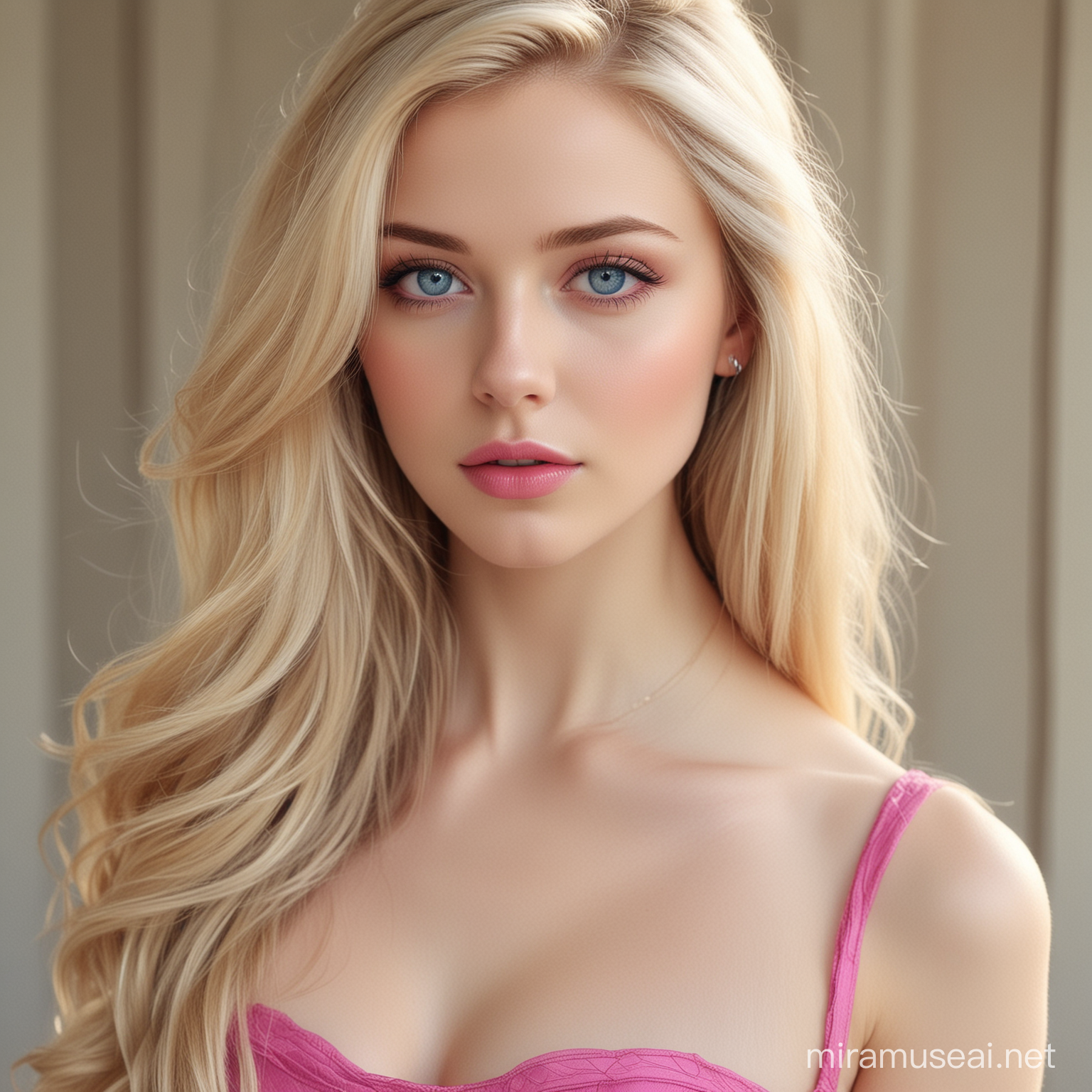 blonde hair, pale skin, blue eyes, long hair, extremely beautiful girl, realistic, full lips, fucsia tight dress
