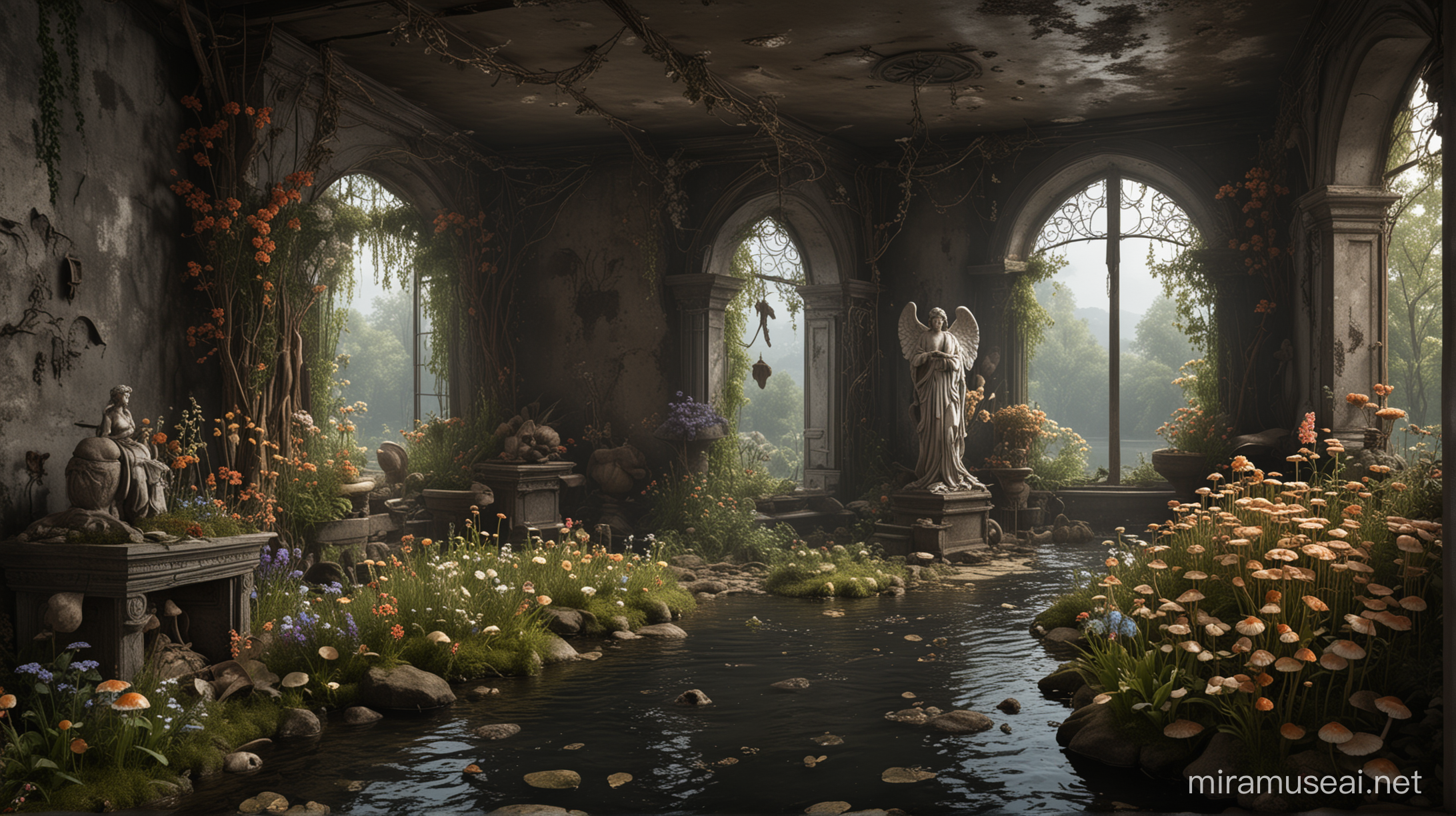 Dark fantasy decay room with angel statue and river with flowers and mushrooms